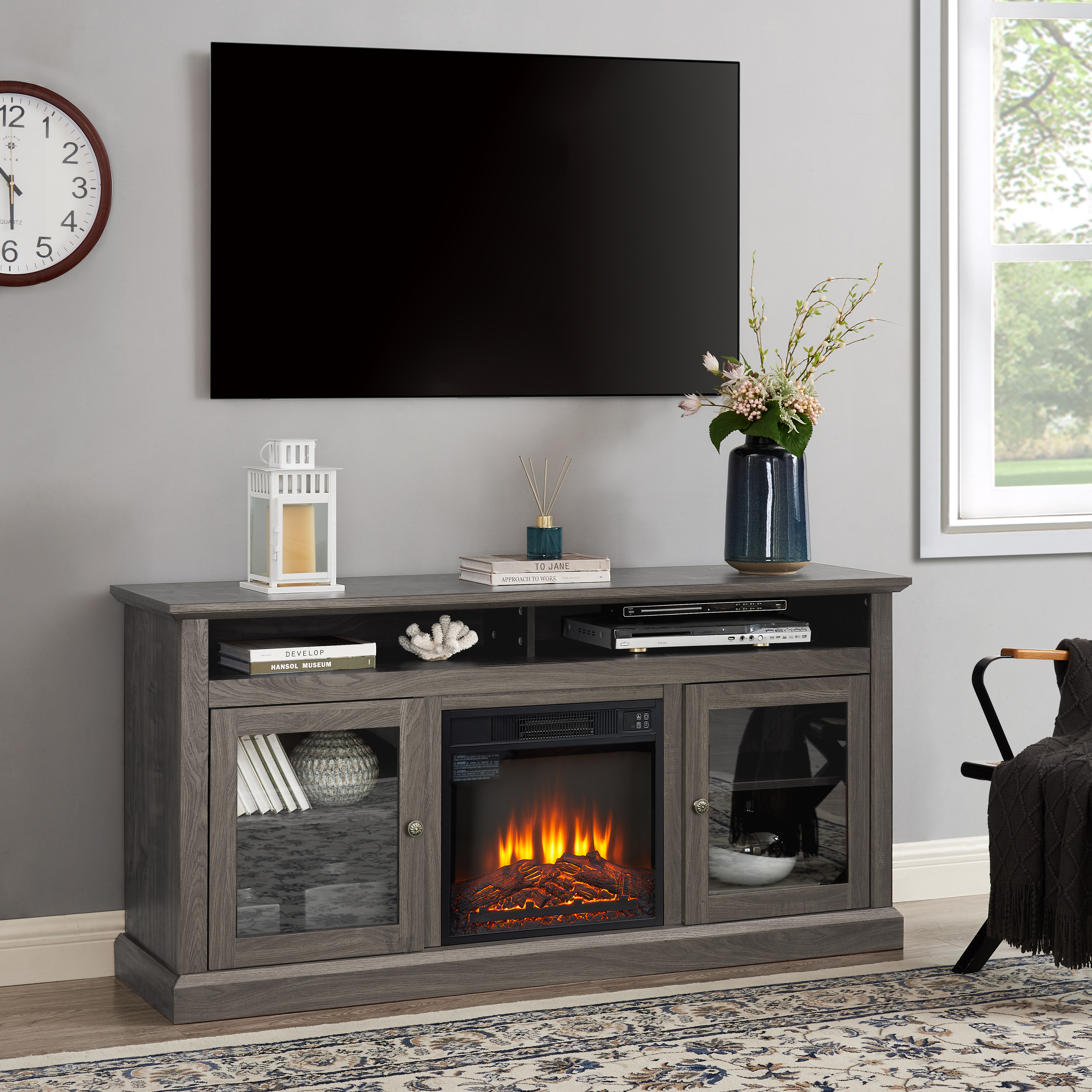 Contemporary TV Media Stand Modern Entertainment Console with 18" Fireplace Insert for TV Up to 65" with Open and Closed Storage Space, Dark Walnut/Black, 60"W*15.75"D*29"H