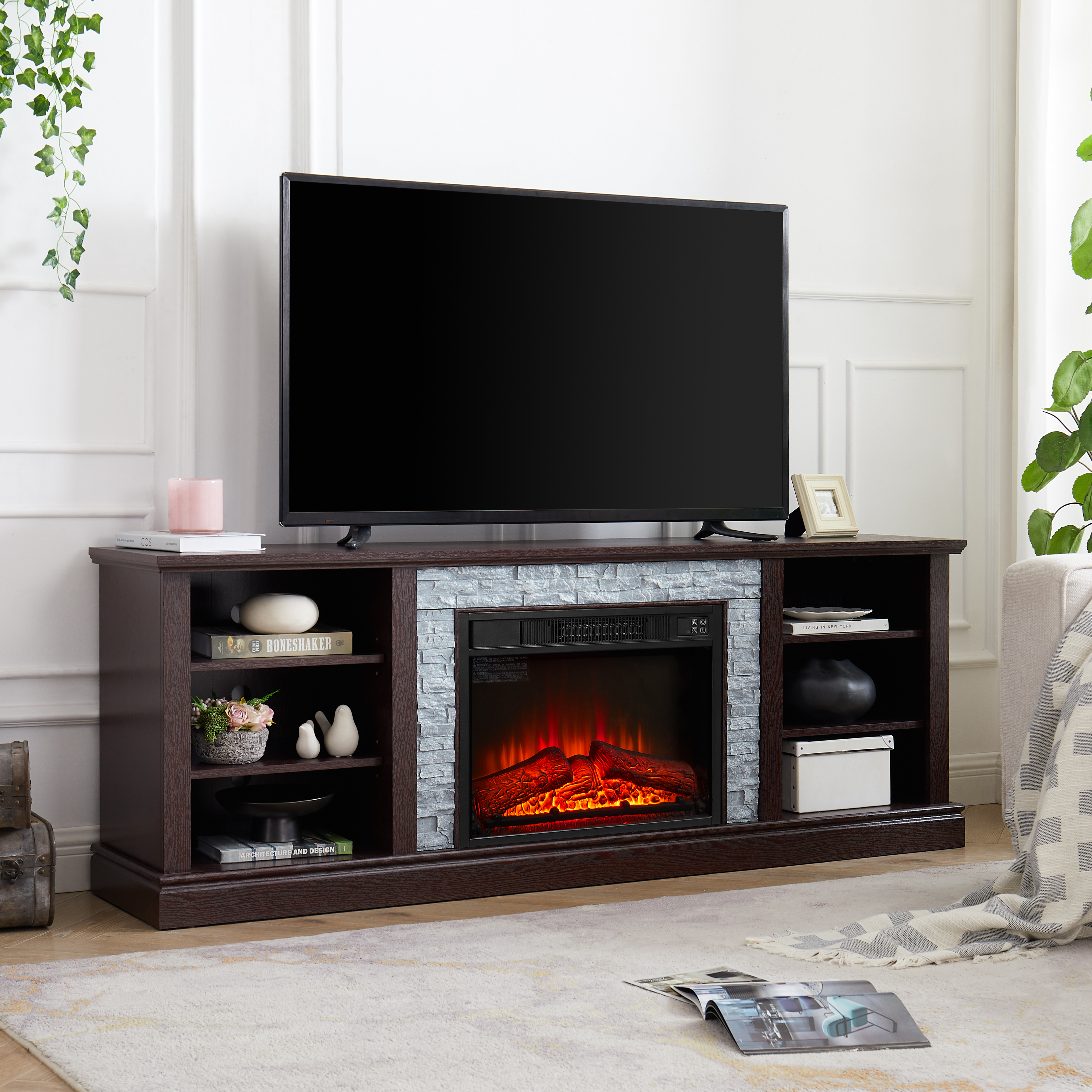 Large TV Desk Storage Rack with Faux Stacked Stone Surround,Media Console Table with Large Storage Cabinet,Modern  TV Media Stand with 23" Fireplace Insert,Cherry, 70.12"W*15.35"D*25.83"H