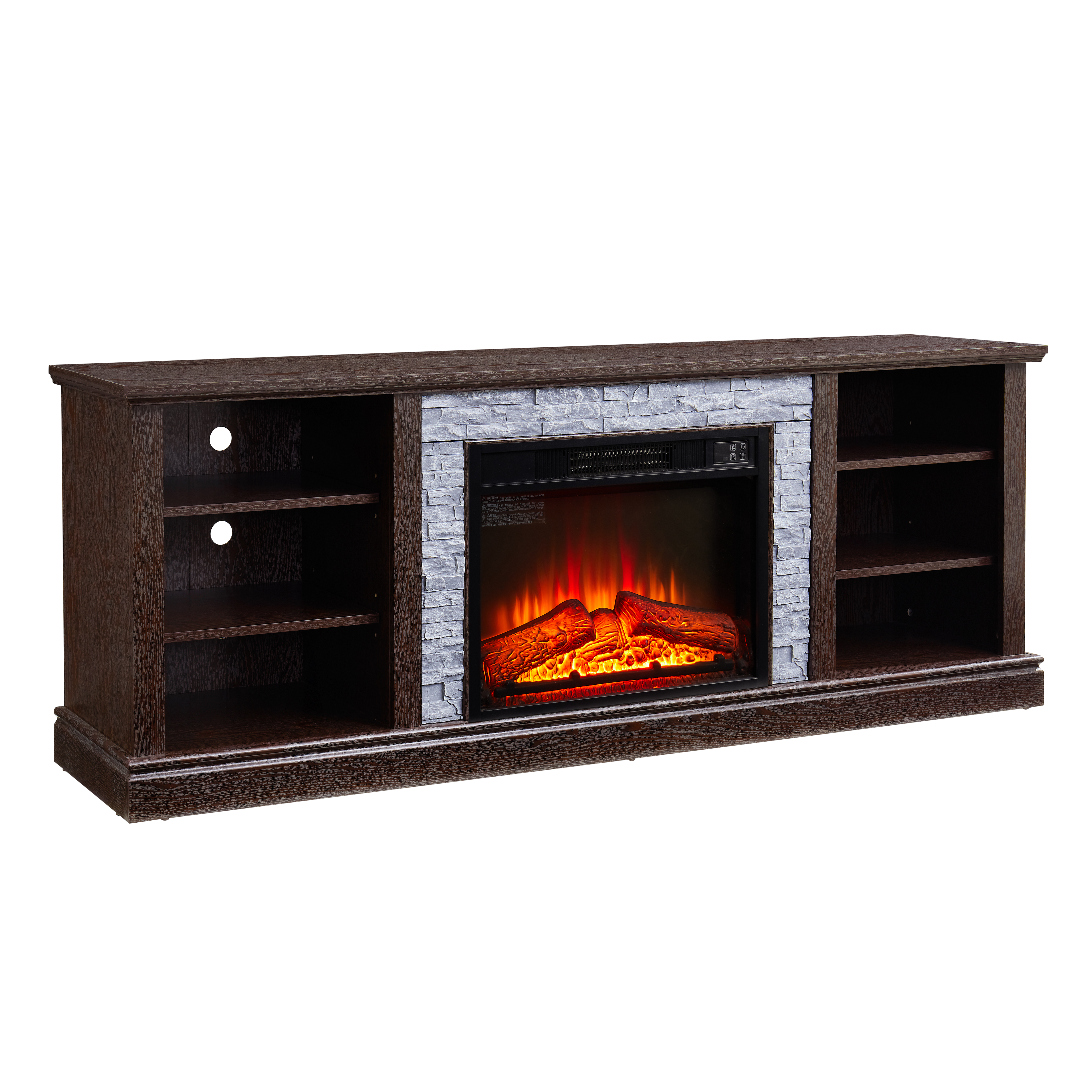 Large TV Desk Storage Rack with Faux Stacked Stone Surround,Media Console Table with Large Storage Cabinet,Modern  TV Media Stand with 23" Fireplace Insert,Cherry, 70.12"W*15.35"D*25.83"H