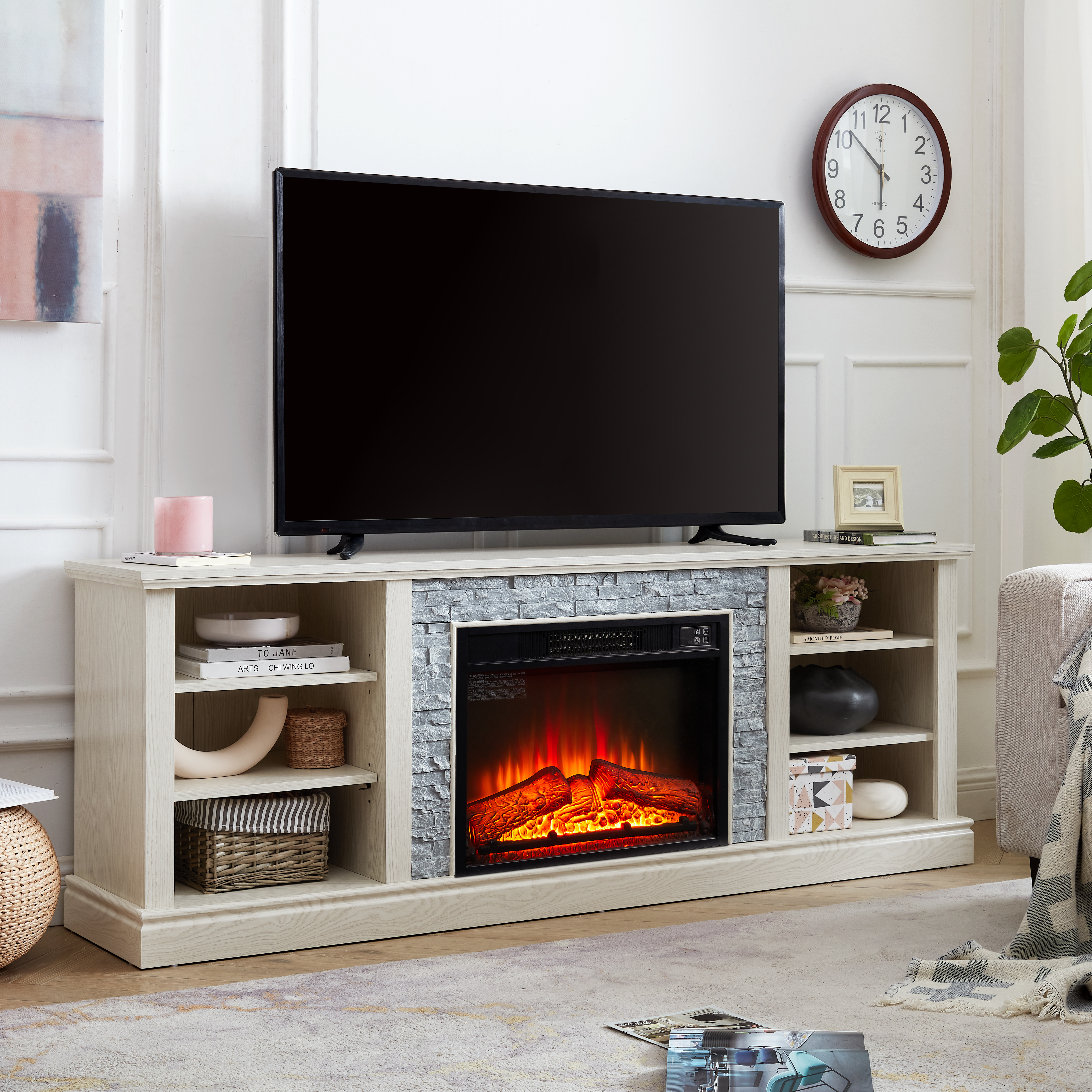 Large Faux Stacked Stone TV Desk Storage Rack, Media Console Table with Large Storage Cabinet,Modern  TV Media Stand with 23" Fireplace Insert,White, 70.12"W*15.35"D*25.83"H