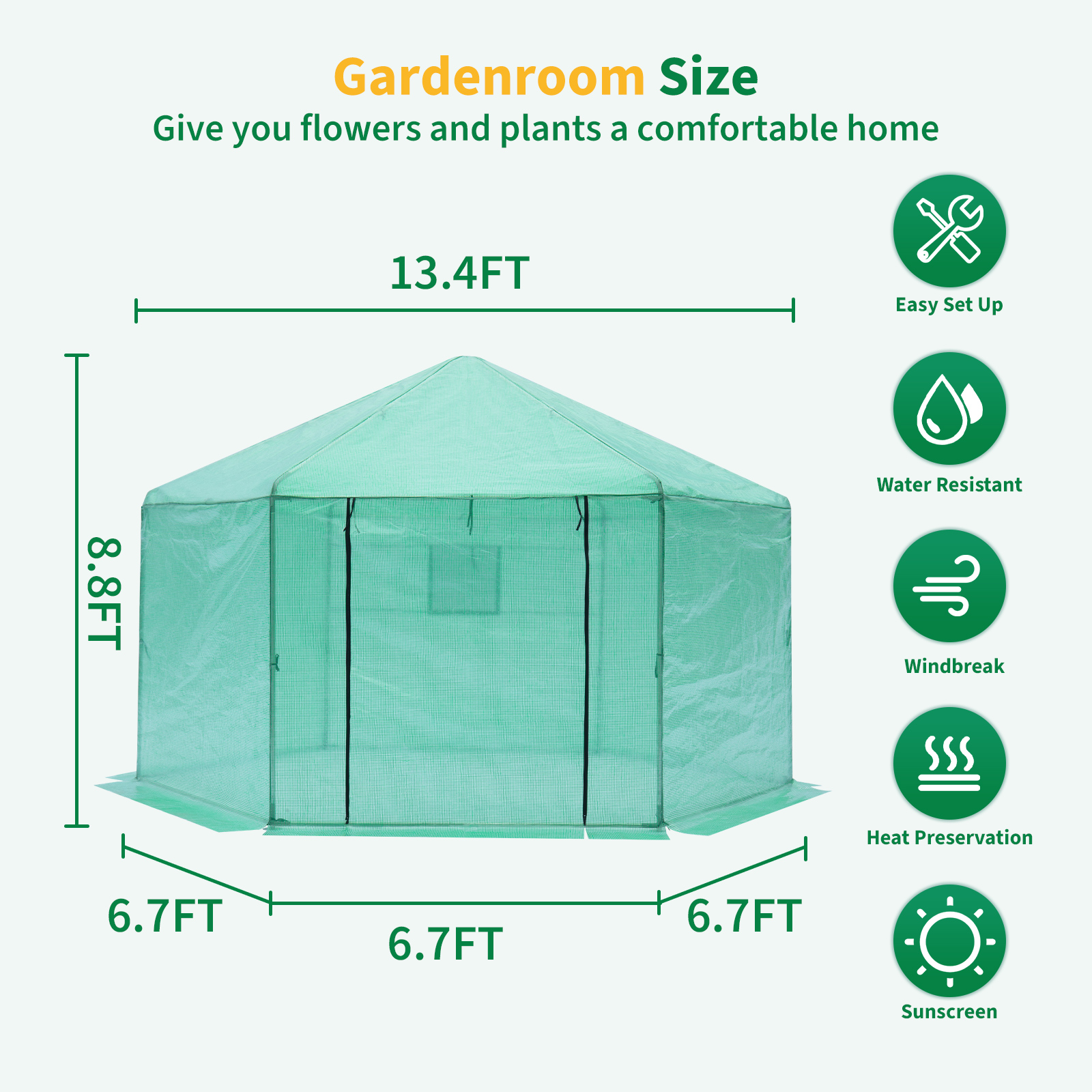 Walk-in Greenhouse Hexagonal Upgrade Reinforced Frame Heavy Duty Plastic Greenhouse Reinforced Thickened Waterproof Insulation(13.1*8.6 ft)