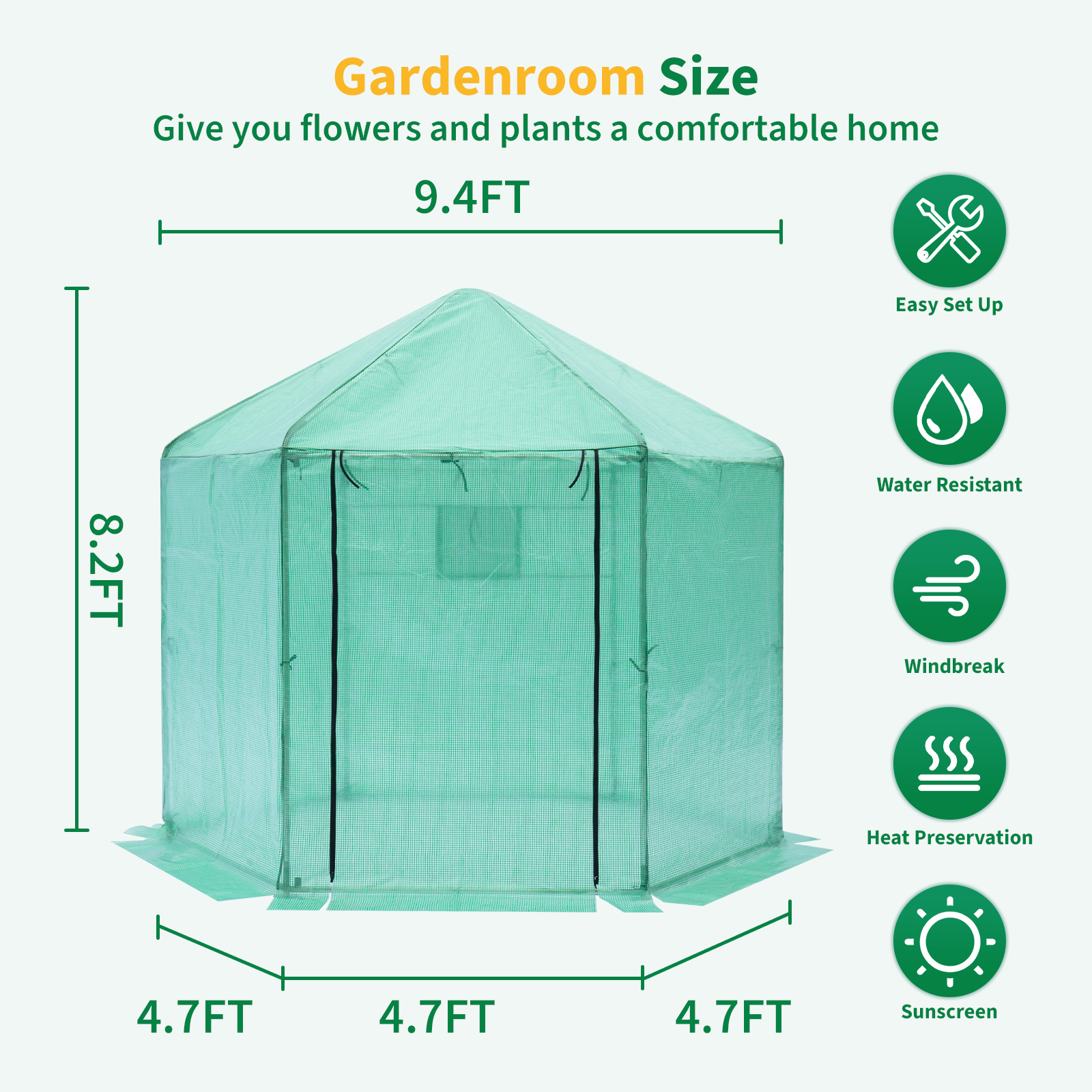 Walk-in Greenhouse Hexagonal Upgrade Reinforced Frame Heavy Duty Plastic Greenhouse Reinforced Thickened Waterproof Insulation(9.2*8.1 ft)