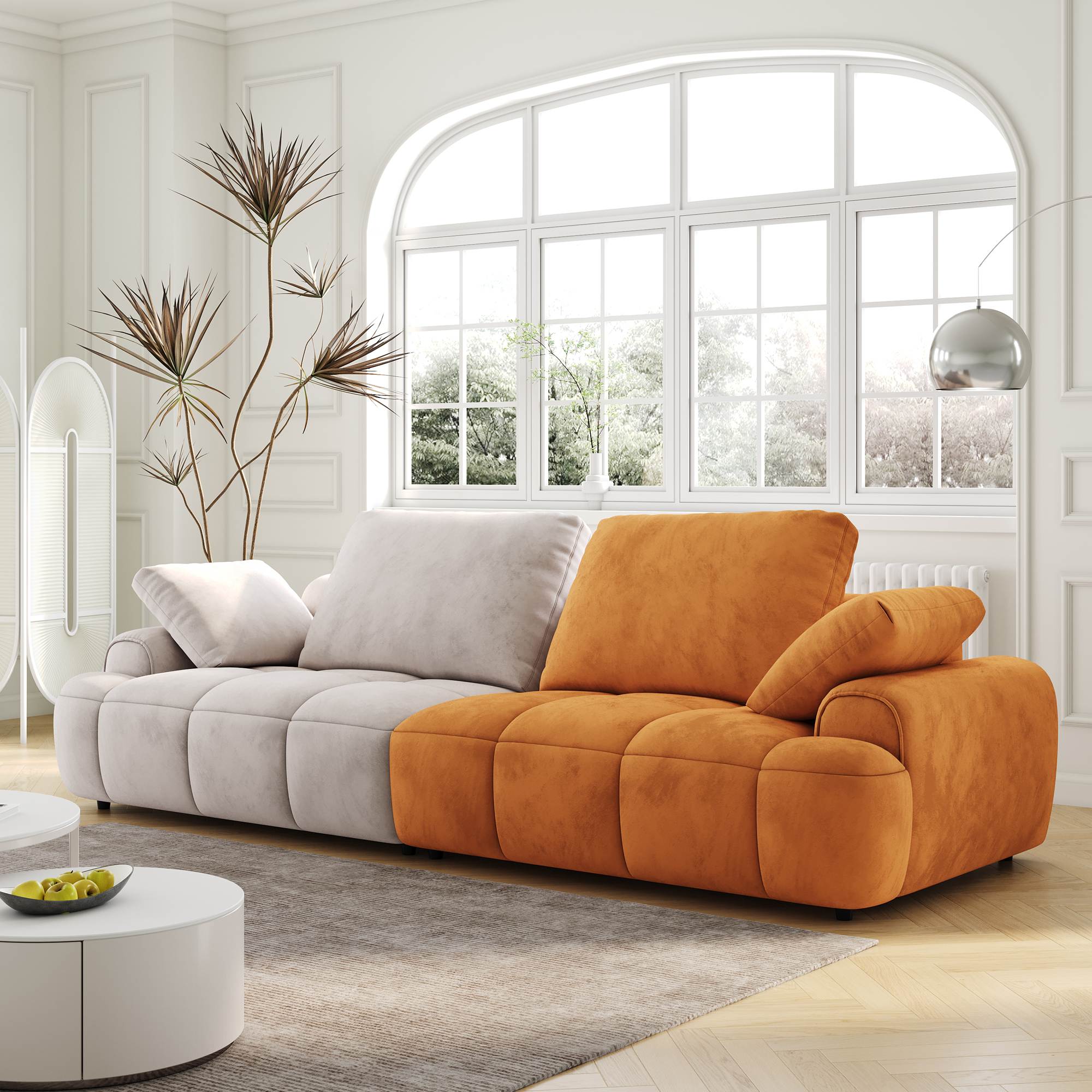 86.6″ Large size two Seat Sofa,Modern Upholstered,Beige paired with yellow suede fabric