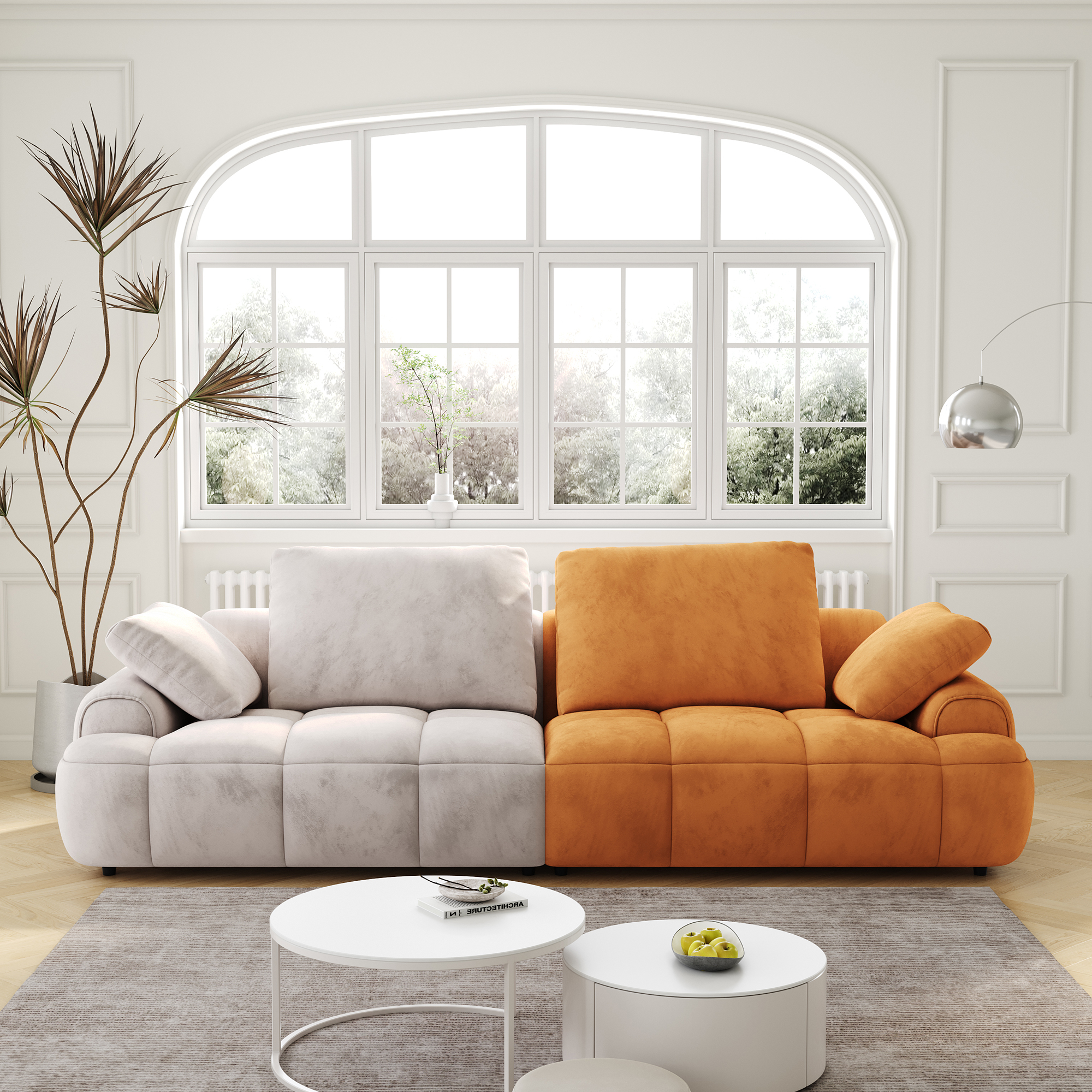 86.6″ Large size two Seat Sofa,Modern Upholstered,Beige paired with yellow suede fabric