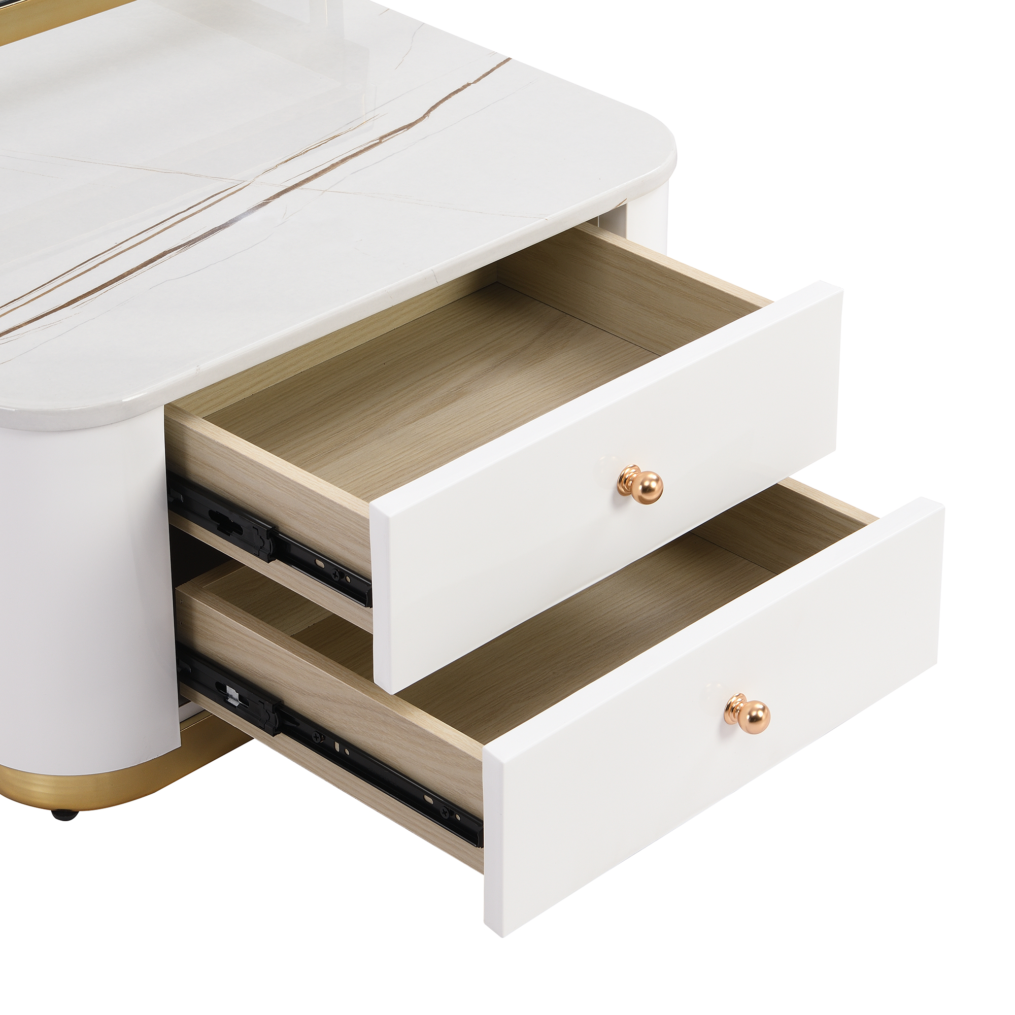 Modern 2 Pieces White  Square Nesting  Coffee Table with Drawers & Electroplated gold legs in 27.6''