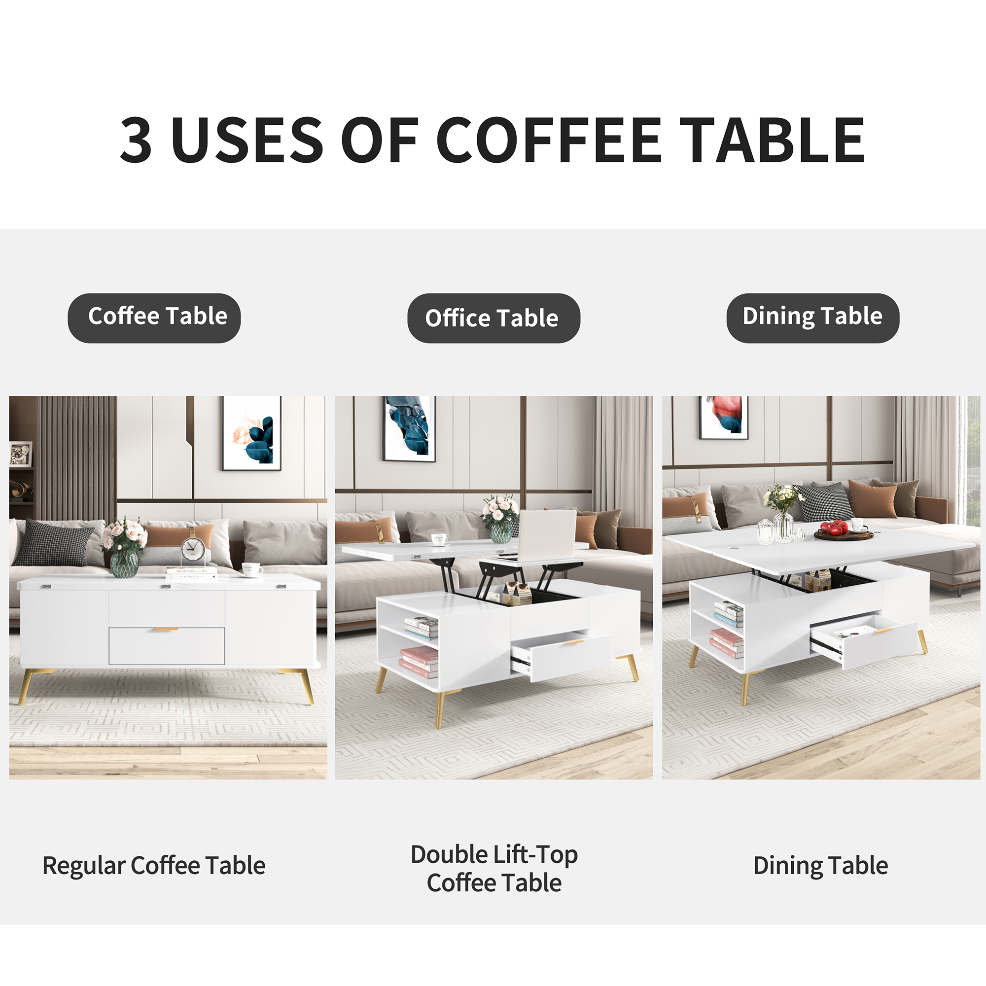 Modern Lift Top Coffee Table Multi Functional Table with Drawers in  White