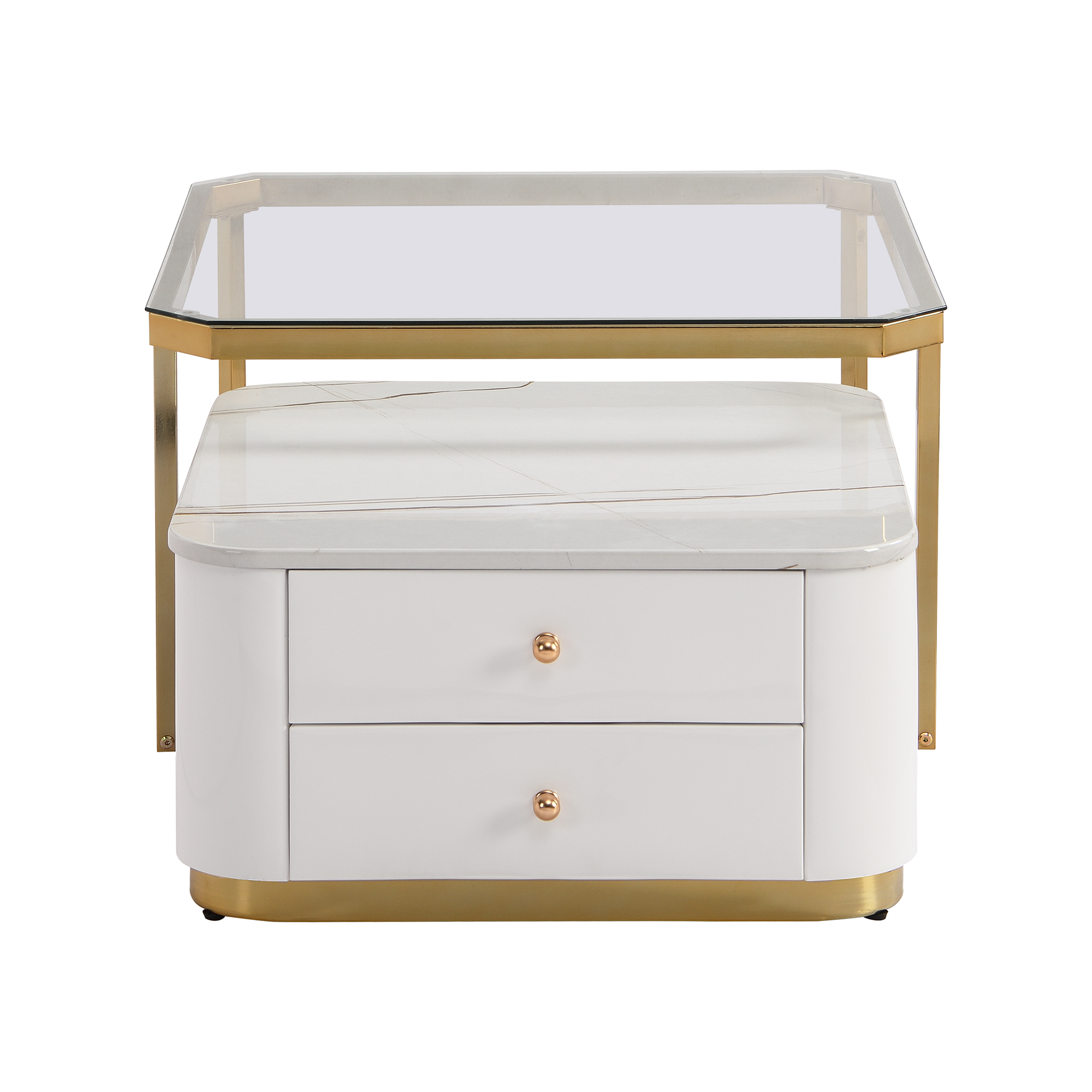 Modern 2 Pieces White  Square Nesting  Coffee Table with Drawers & Electroplated gold legs in 27.6''