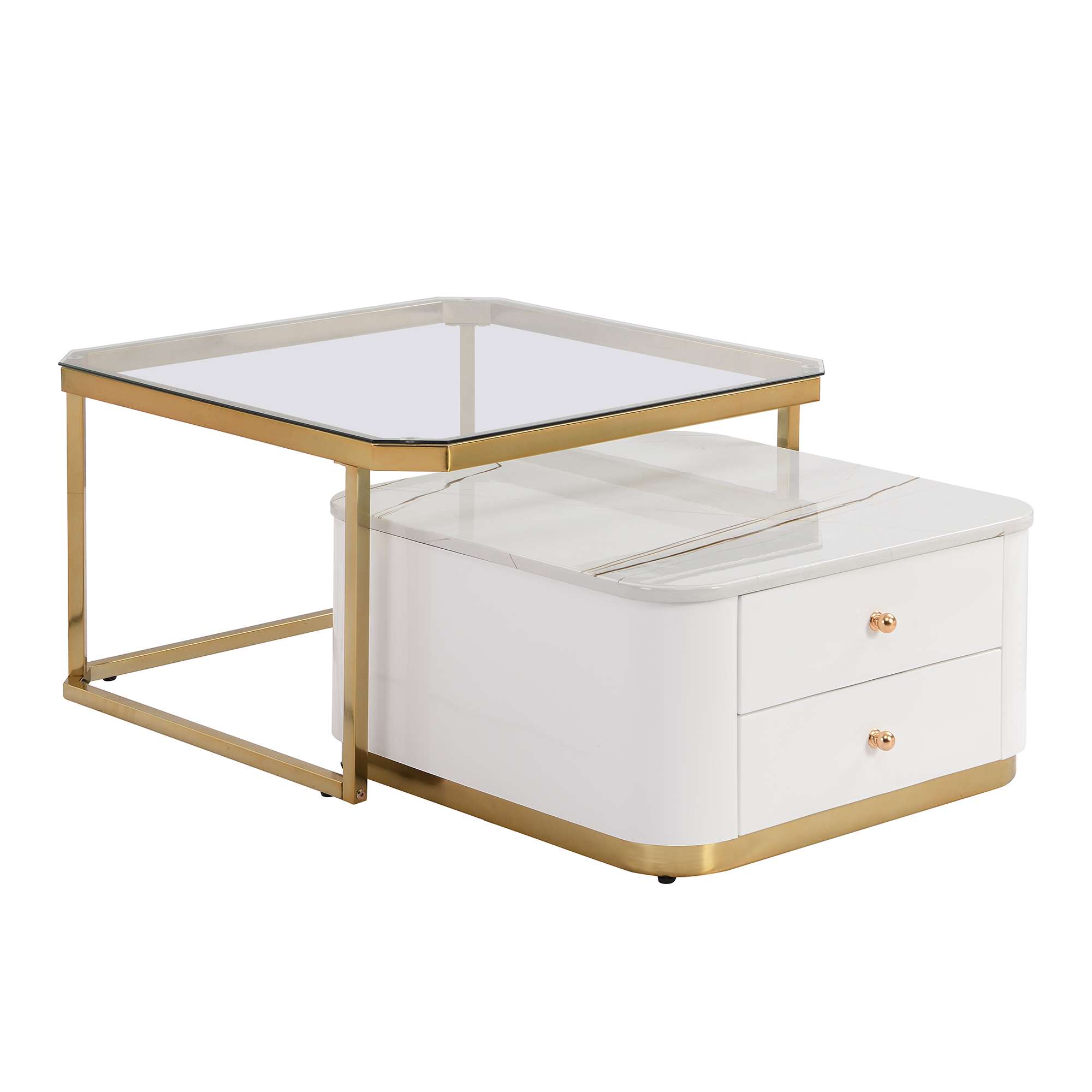 Modern 2 Pieces White  Square Nesting  Coffee Table with Drawers & Electroplated gold legs in 27.6''