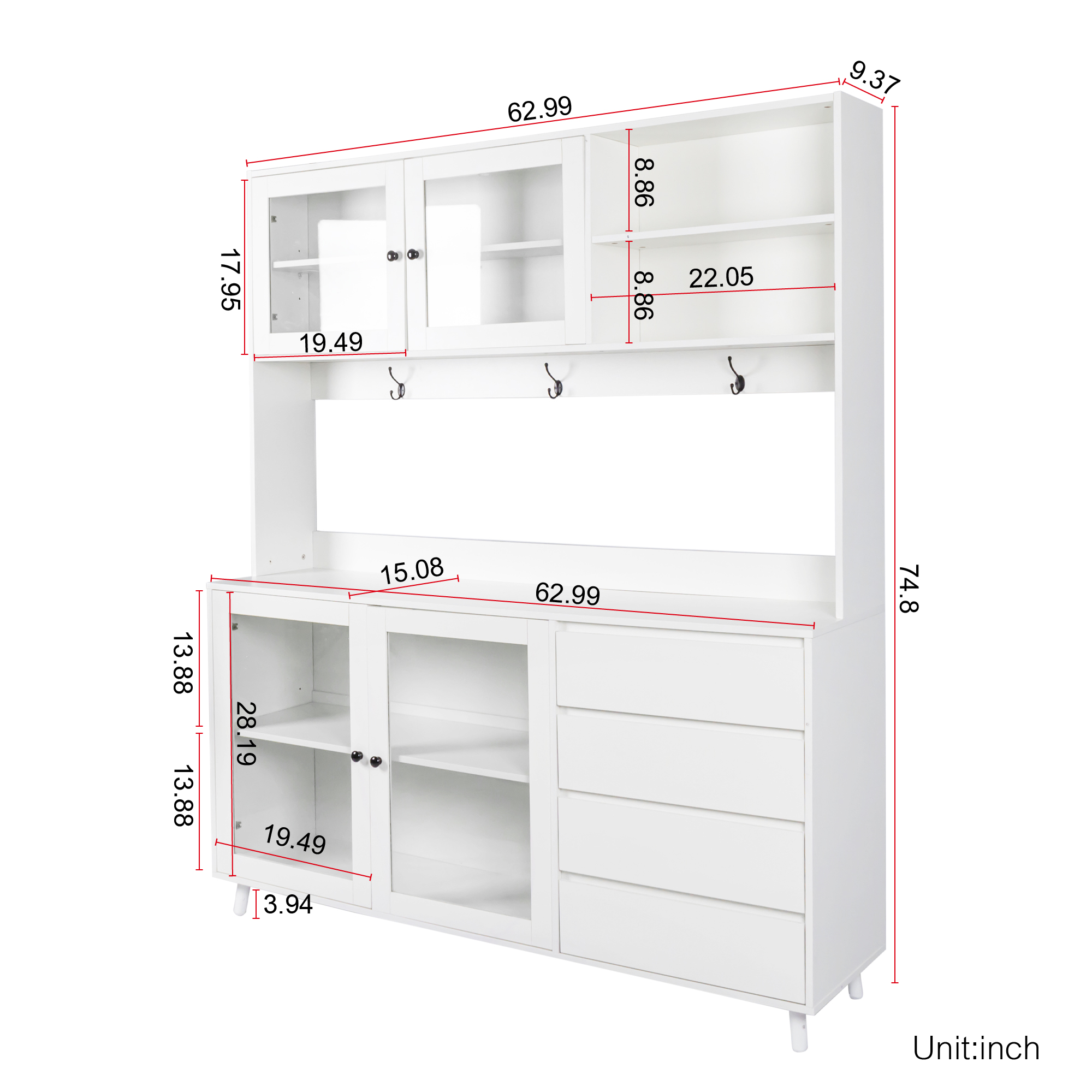 63" W Large Kitchen Hutch Cabinet, Freestanding Pantry Cabinets Storage Kitchen Cupboard with 4 Doors, 4 Drawers & Microwave Shelf, White