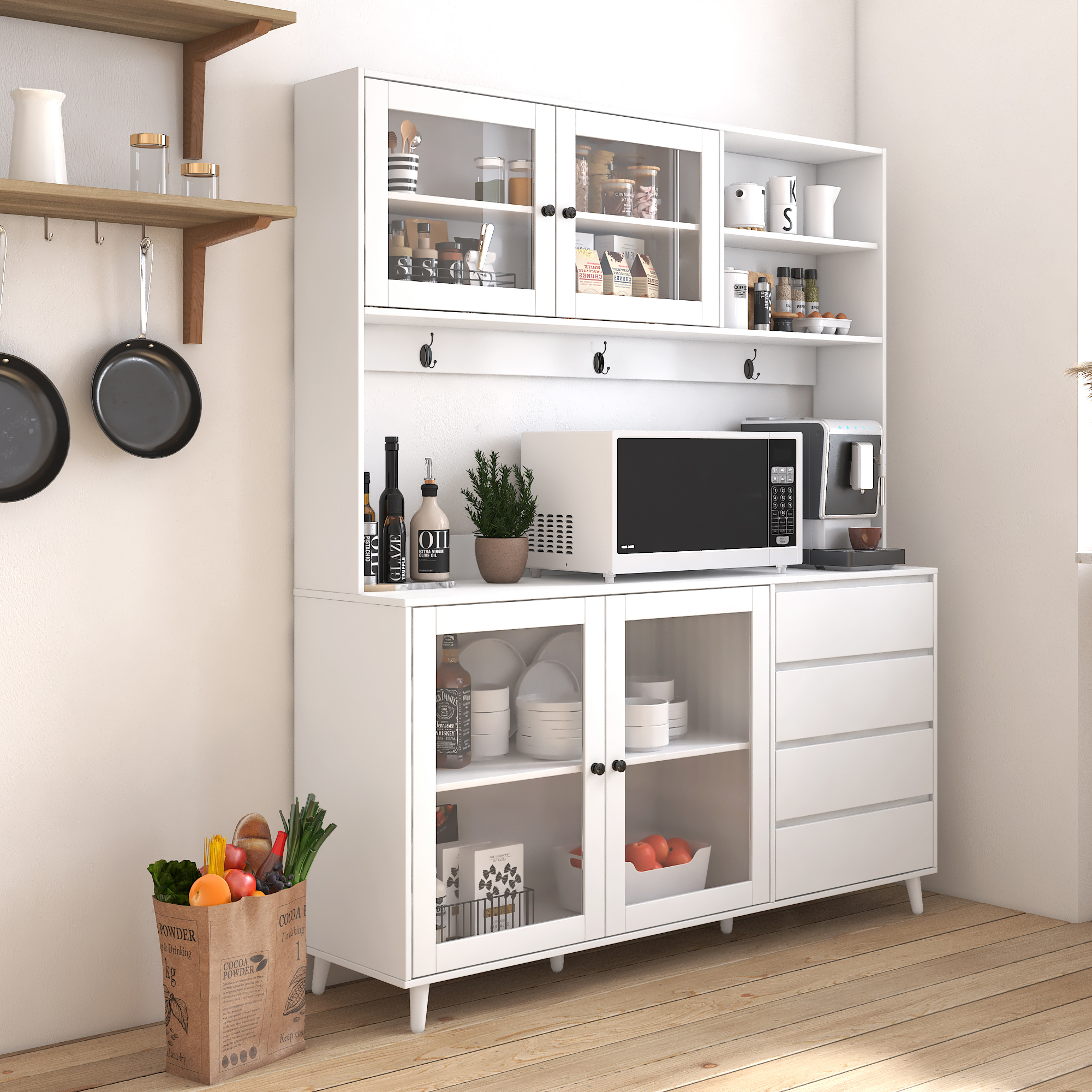 63" W Large Kitchen Hutch Cabinet, Freestanding Pantry Cabinets Storage Kitchen Cupboard with 4 Doors, 4 Drawers & Microwave Shelf, White