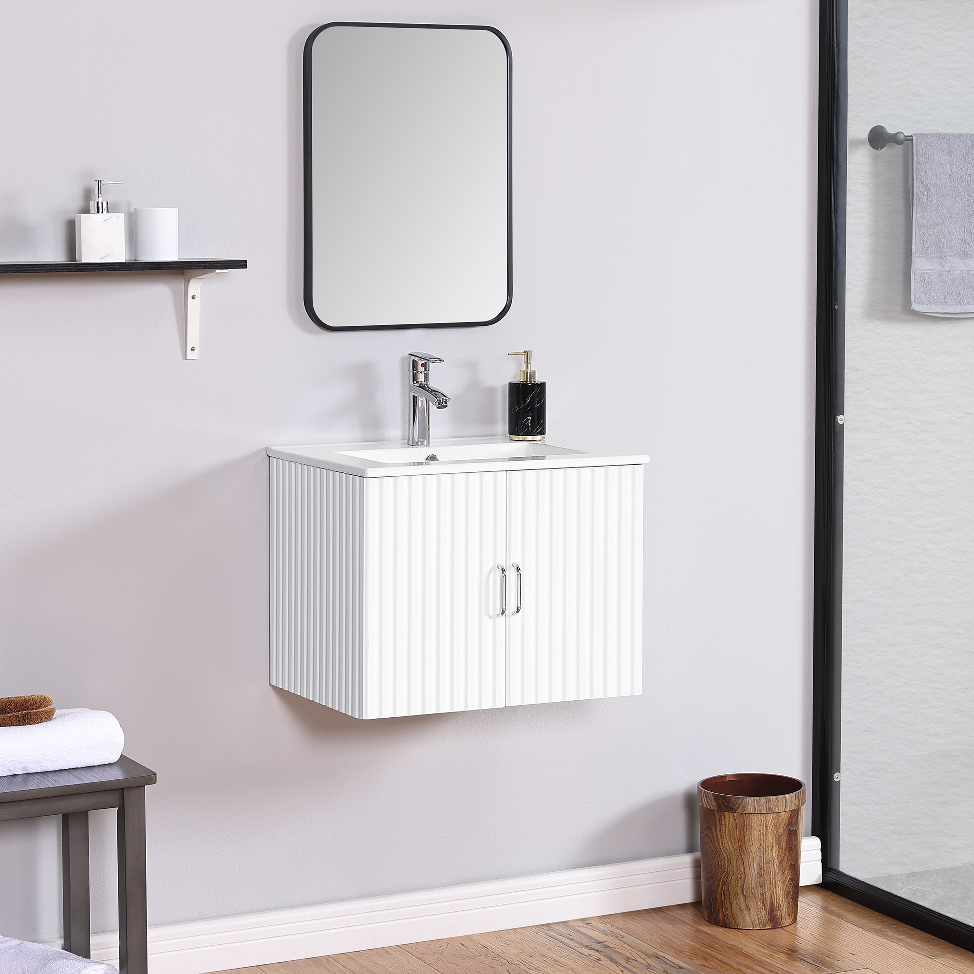 24" Floating Wall Mounted Bathroom Vanity with White Porcelain Sink and Soft Close Doors