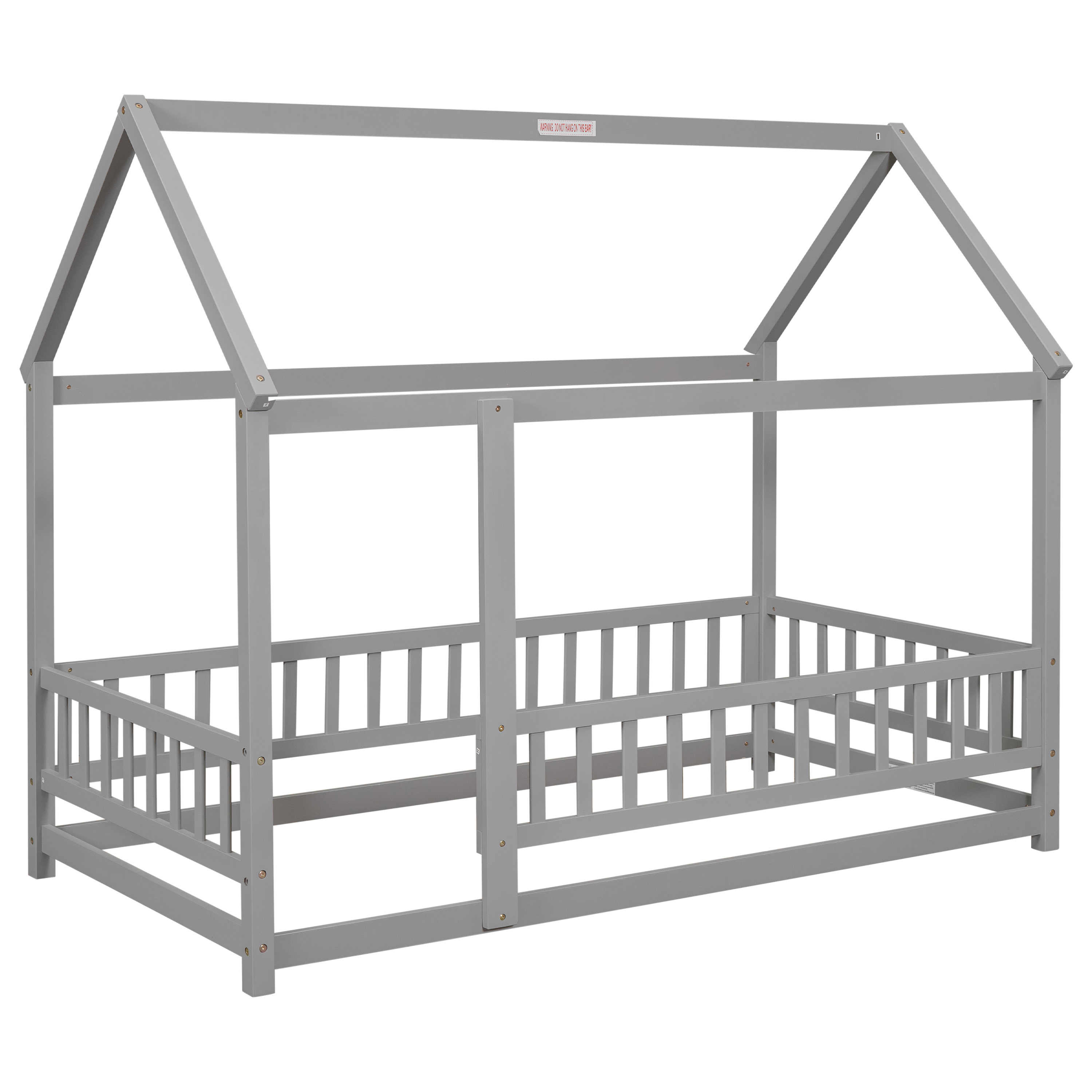 Twin Size Floor Wooden Bed with House Roof Frame, Fence Guardrails,Grey(Old SKU:W1791106614)