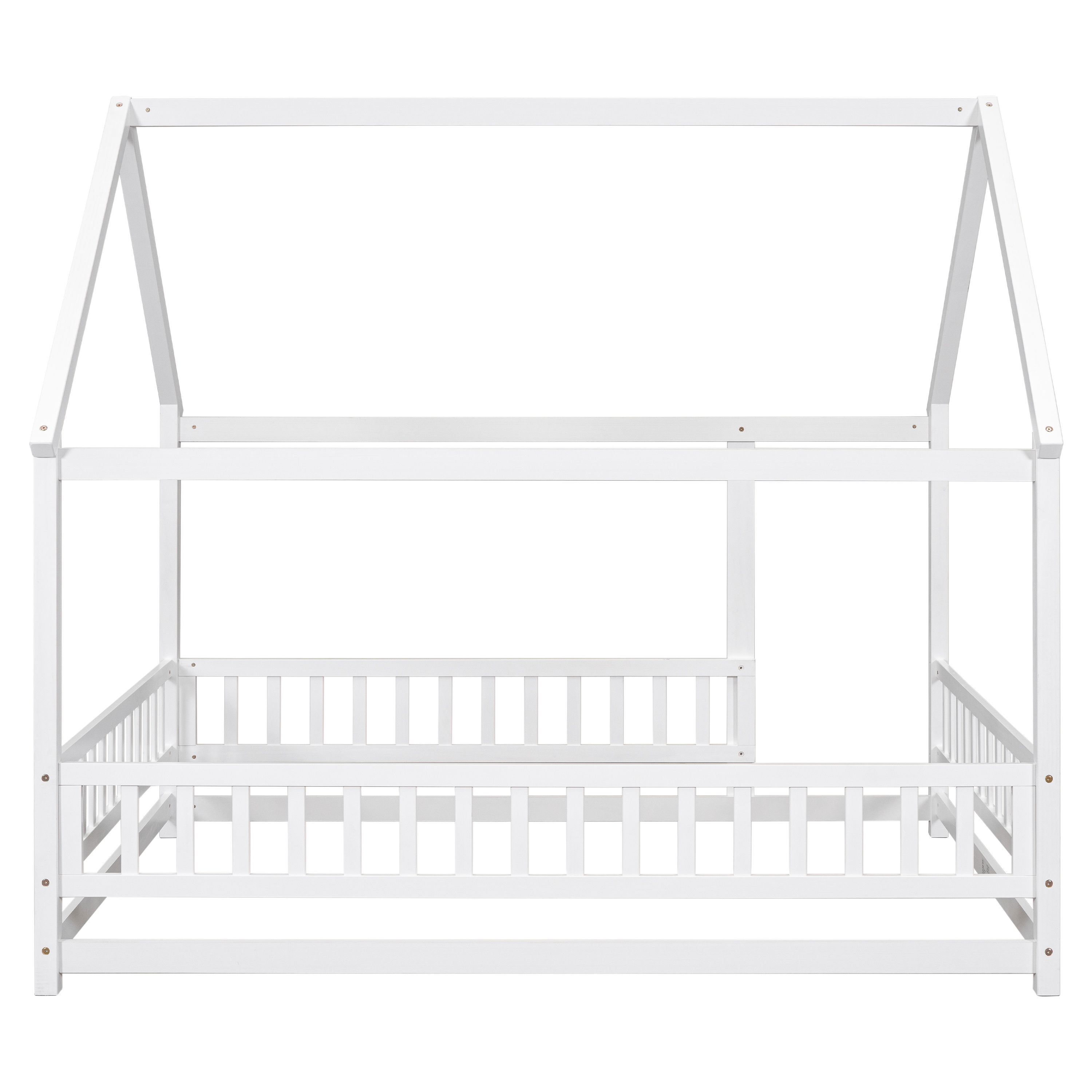 Full Size Floor Wooden Bed with House Roof Frame, Fence Guardrails ,White