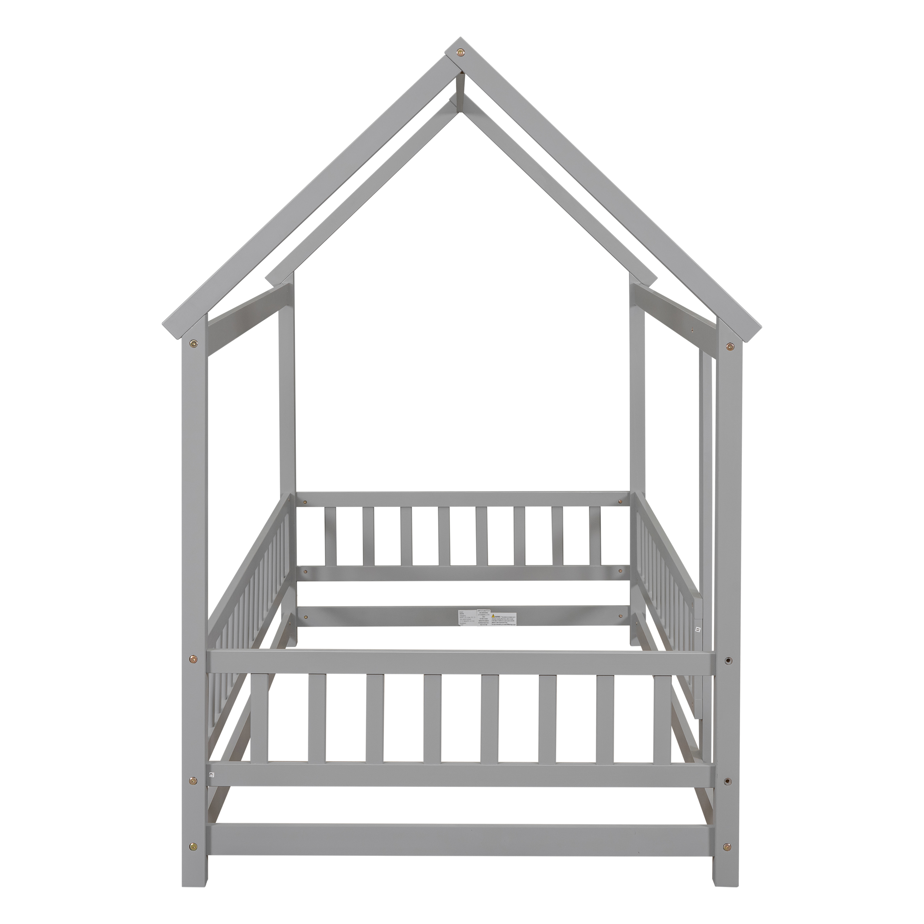 Twin Size Floor Wooden Bed with House Roof Frame, Fence Guardrails,Grey(Old SKU:W1791106614)