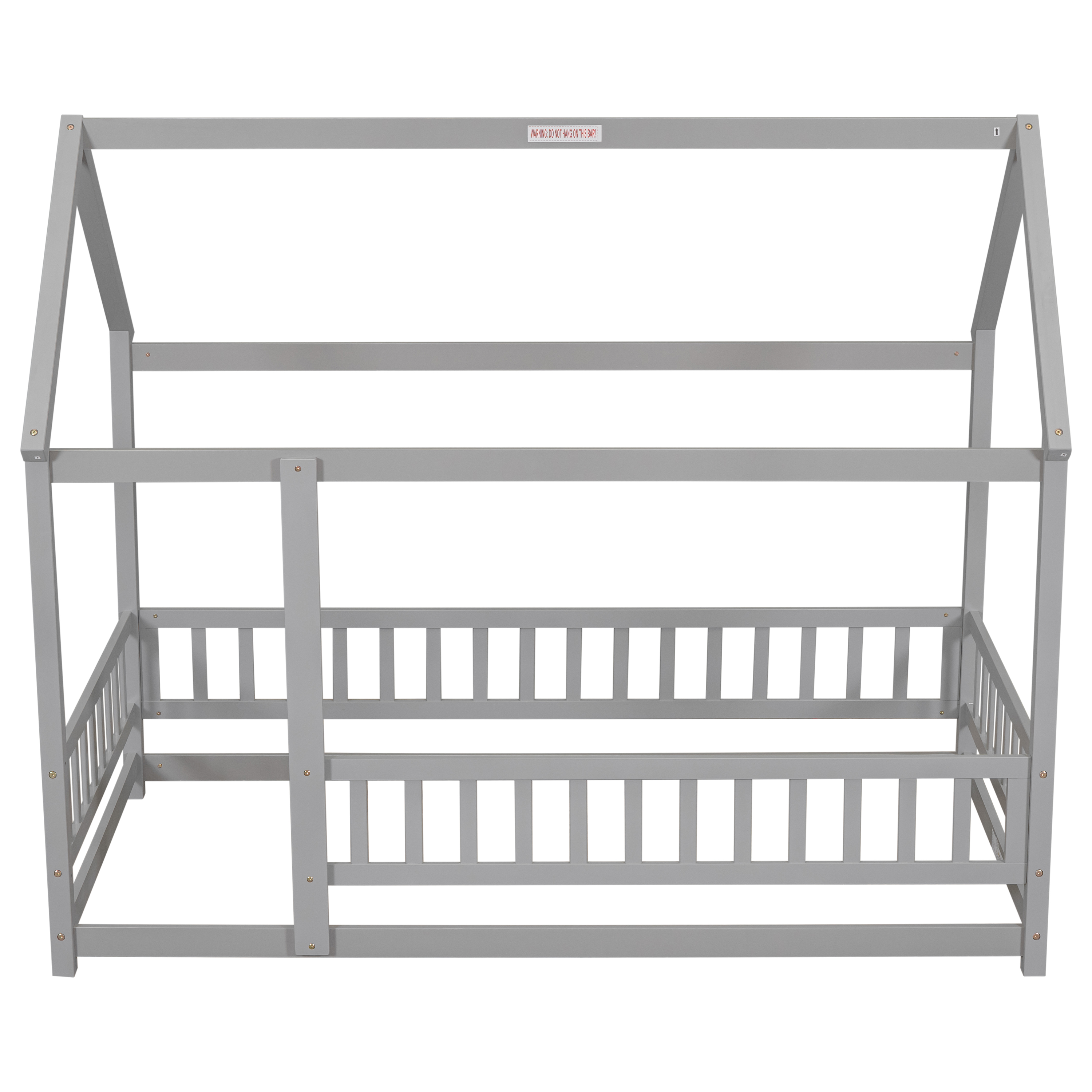 Twin Size Floor Wooden Bed with House Roof Frame, Fence Guardrails,Grey(Old SKU:W1791106614)