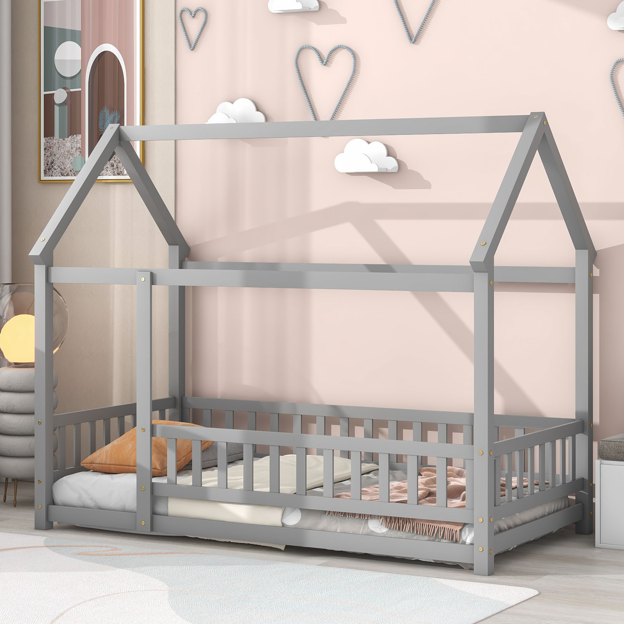 Twin Size Floor Wooden Bed with House Roof Frame, Fence Guardrails,Grey(Old SKU:W1791106614)