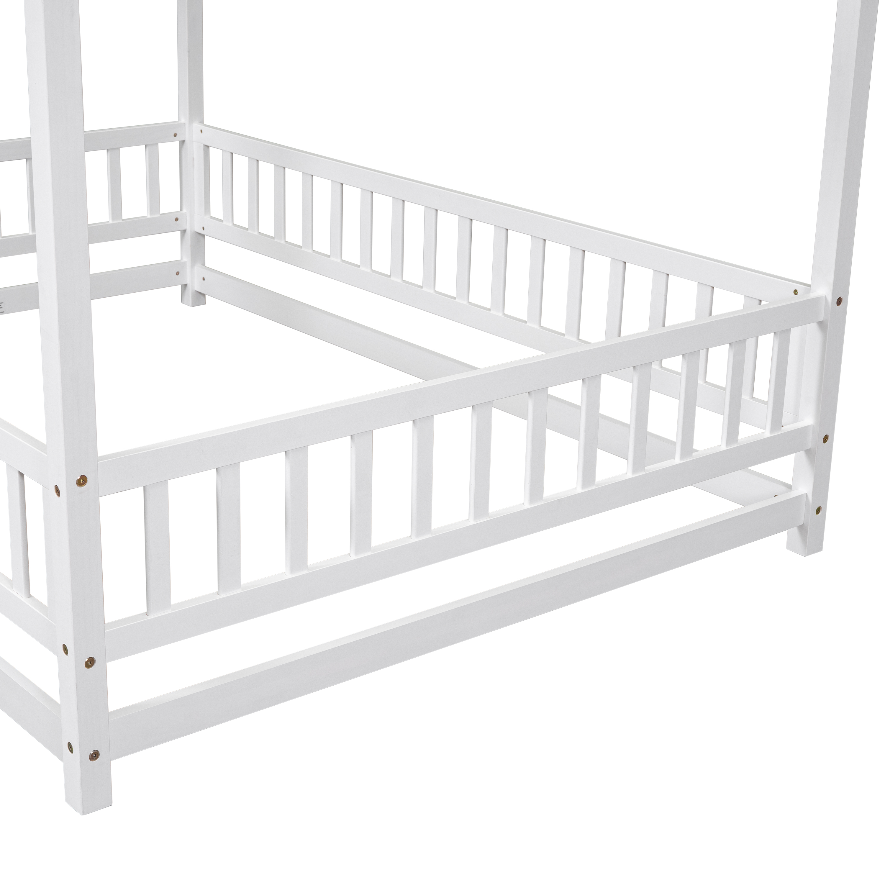 Full Size Floor Wooden Bed with House Roof Frame, Fence Guardrails ,White