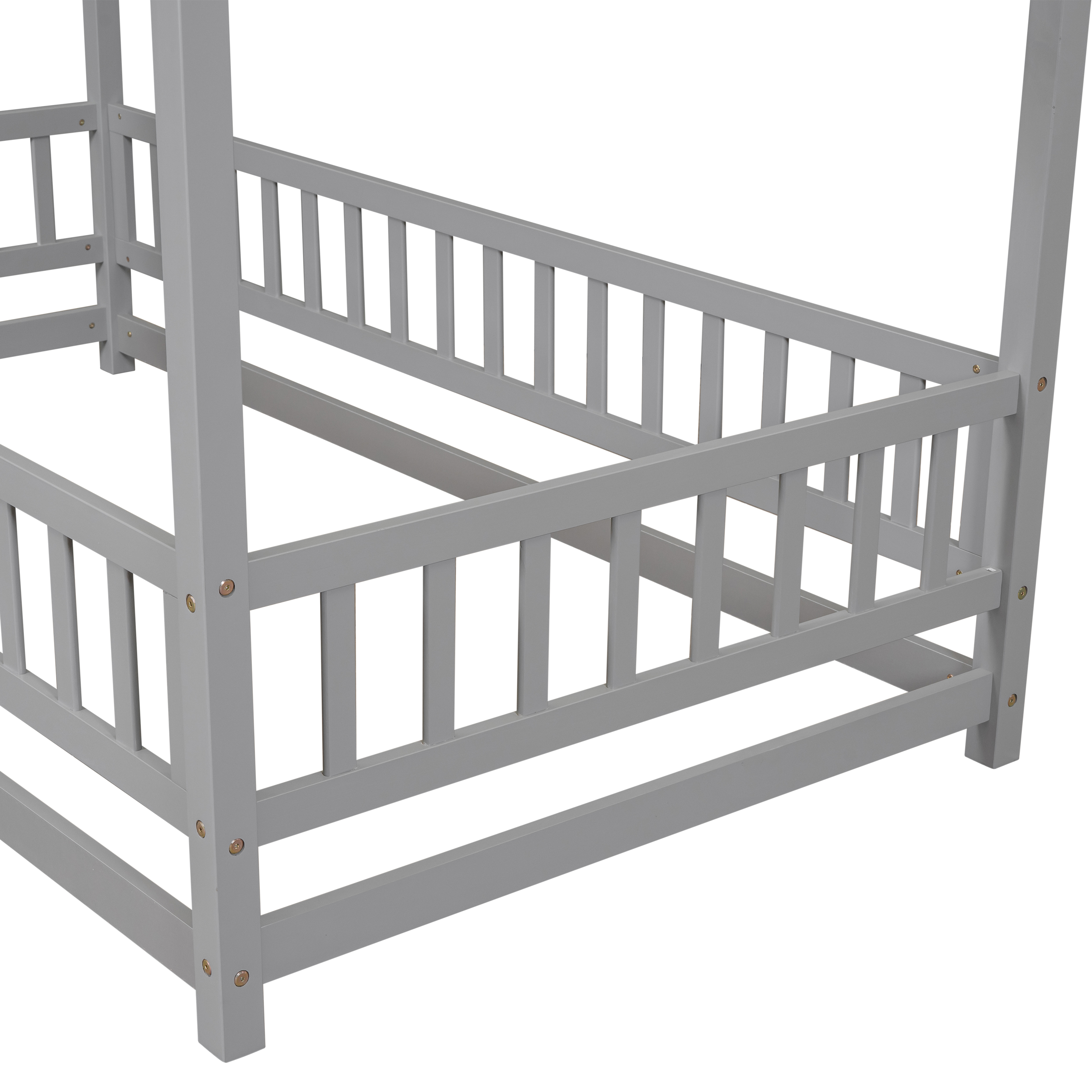 Twin Size Floor Wooden Bed with House Roof Frame, Fence Guardrails,Grey(Old SKU:W1791106614)