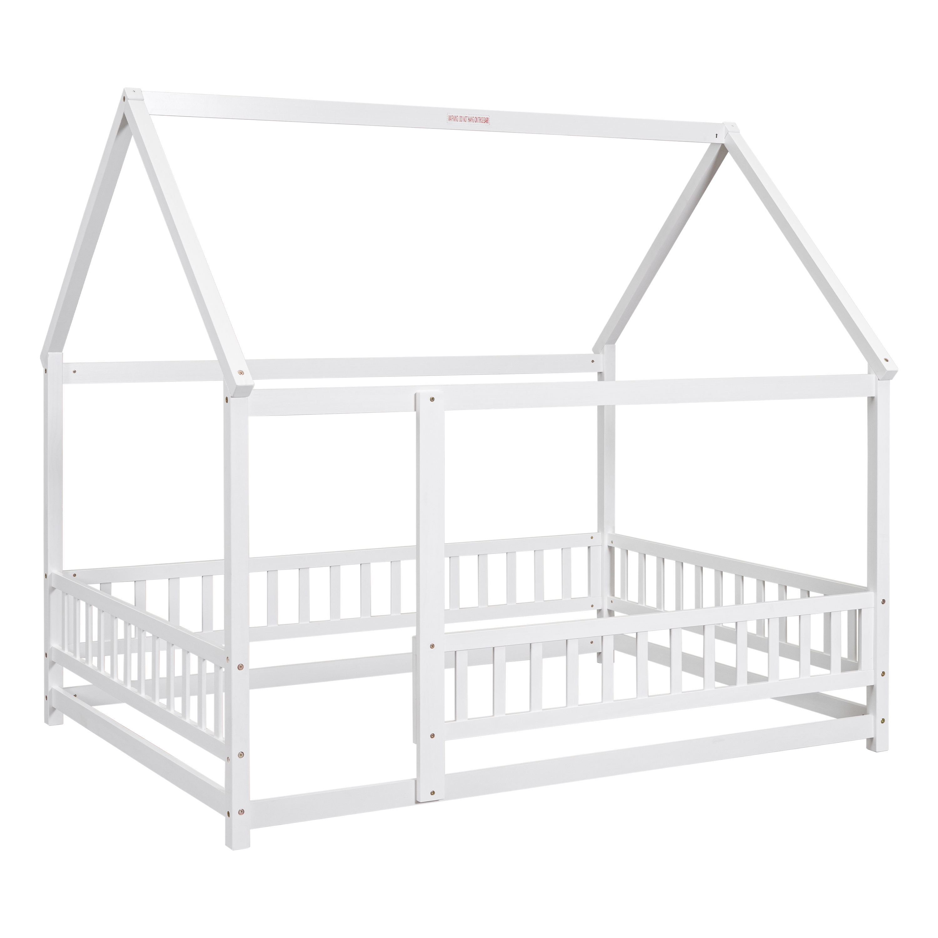 Full Size Floor Wooden Bed with House Roof Frame, Fence Guardrails ,White