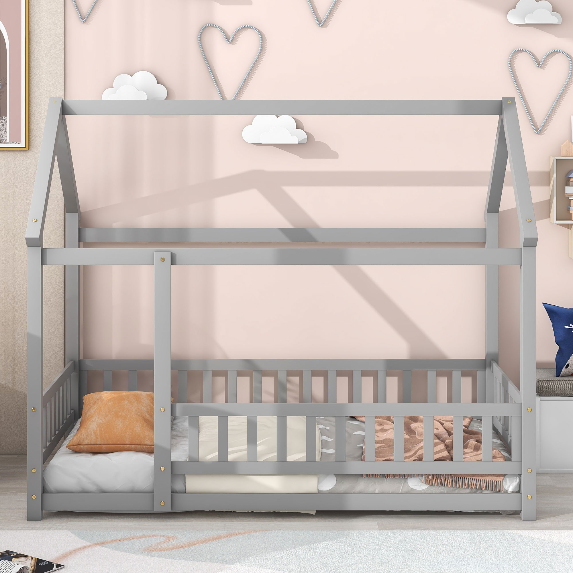 Twin Size Floor Wooden Bed with House Roof Frame, Fence Guardrails,Grey(Old SKU:W1791106614)