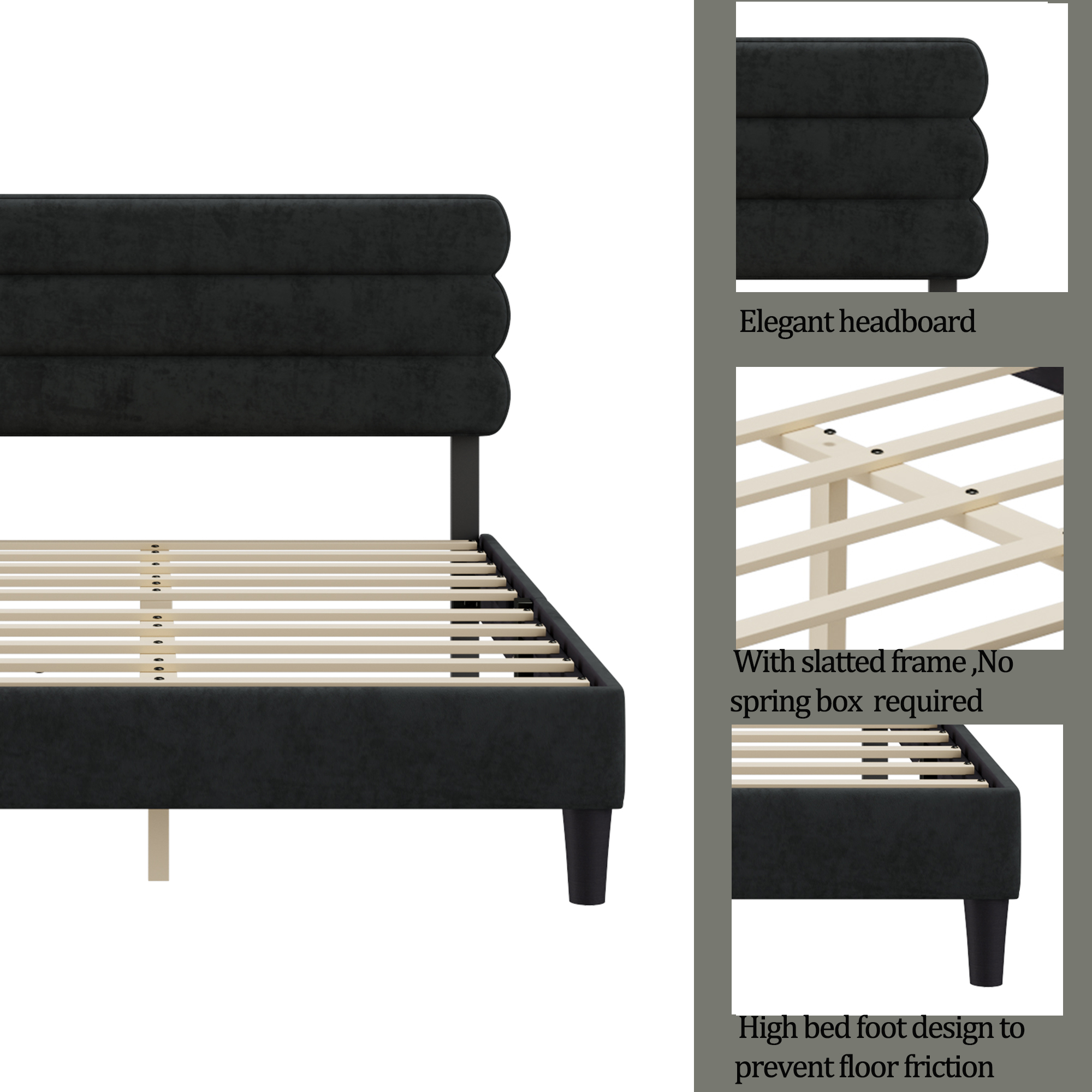 Queen Bed Frame with Headboard,Sturdy Platform Bed with Wooden Slats Support,No Box Spring,Mattress Foundation,Easy Assembly  DARK GREY