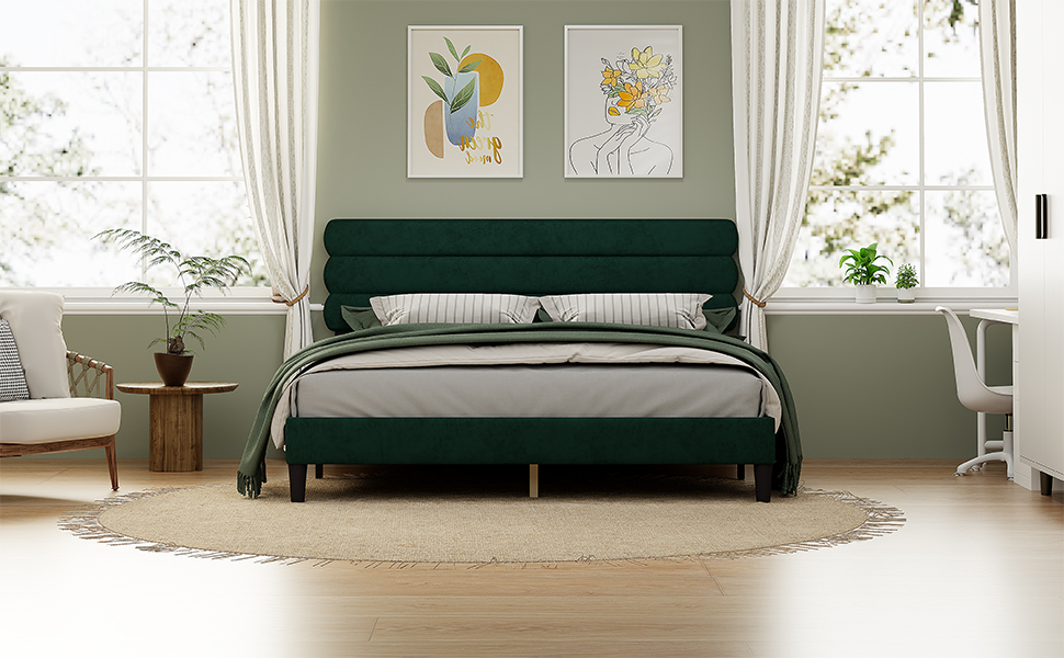 King Bed Frame with Headboard,Sturdy Platform Bed with Wooden Slats Support,No Box Spring,Mattress Foundation,Easy Assembly  Green