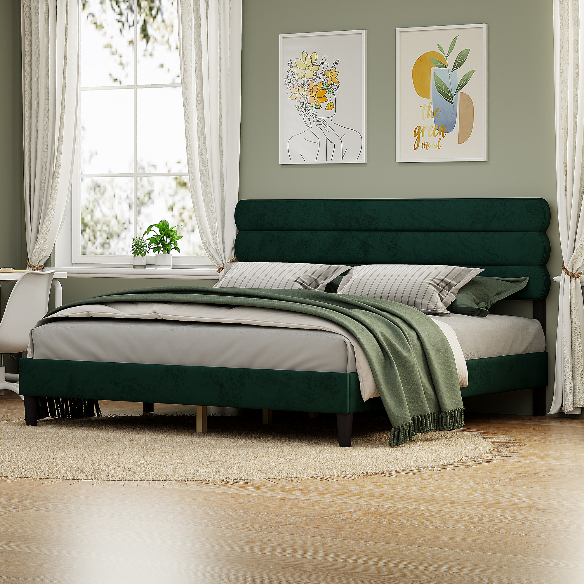 King Bed Frame with Headboard,Sturdy Platform Bed with Wooden Slats Support,No Box Spring,Mattress Foundation,Easy Assembly  Green