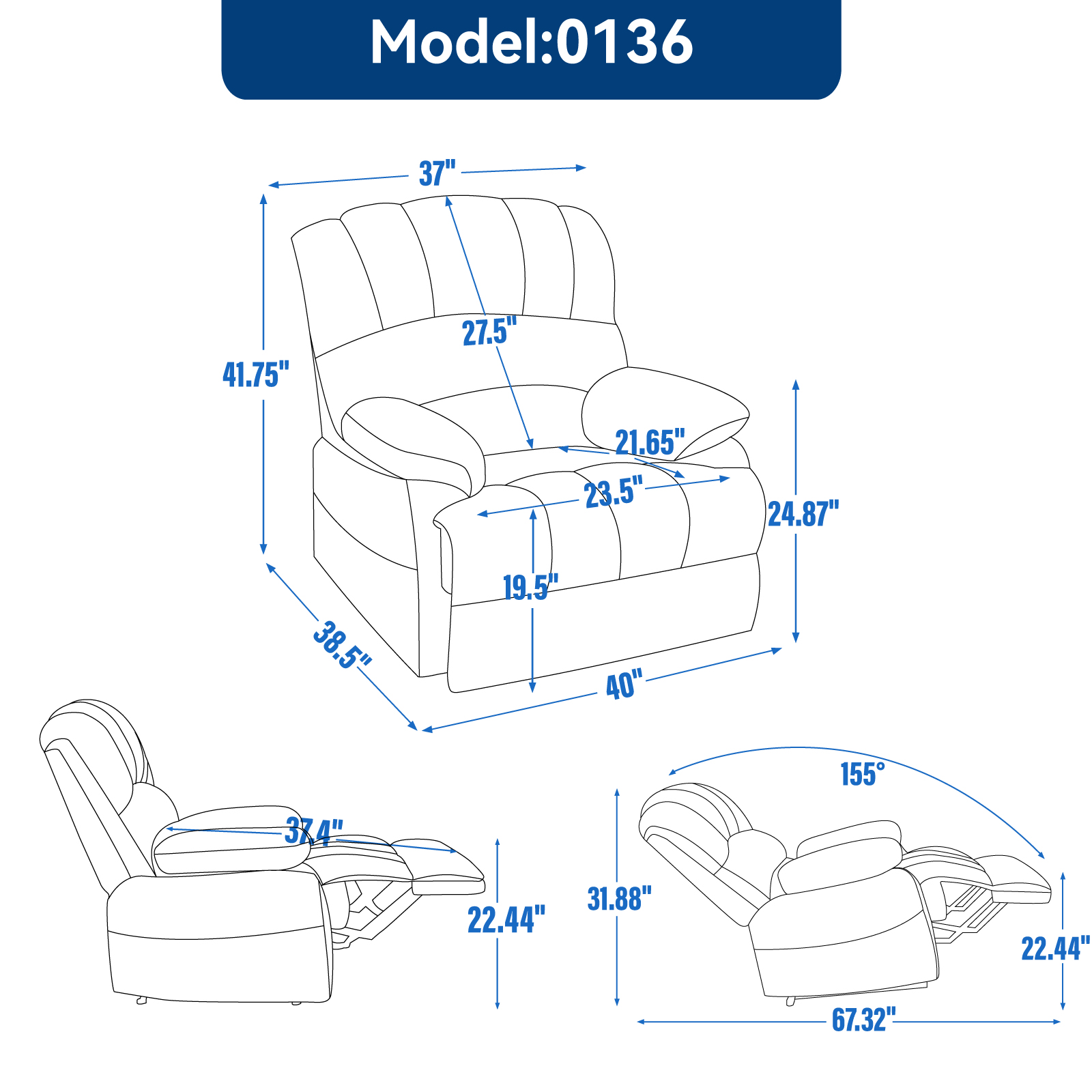 Large Manual Recliner Chair in Fabric for Living Room, Beige