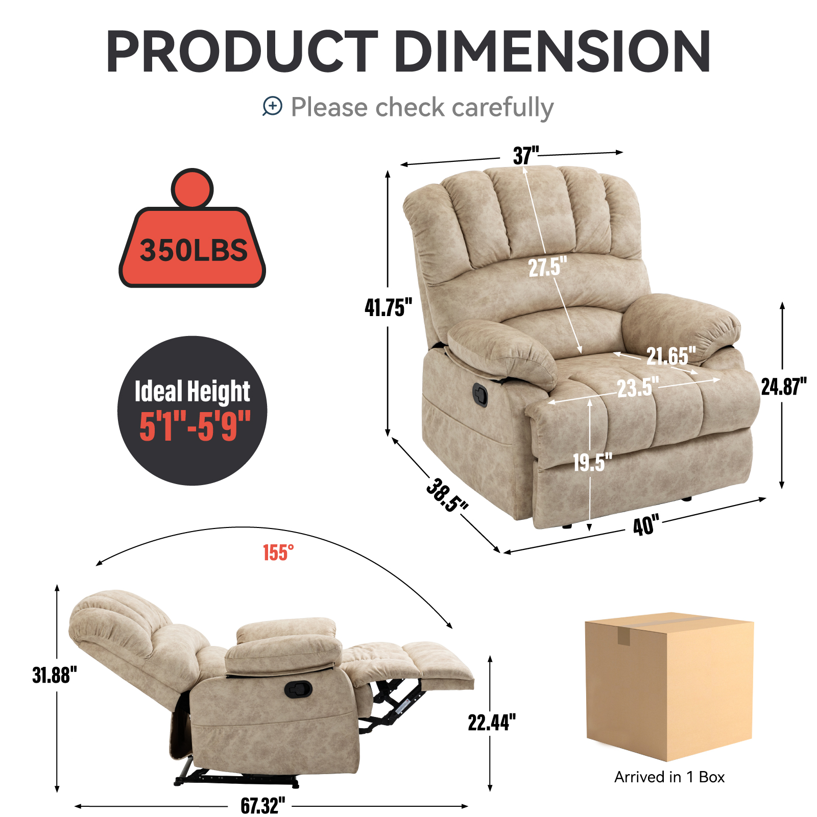 Large Manual Recliner Chair in Fabric for Living Room, Beige