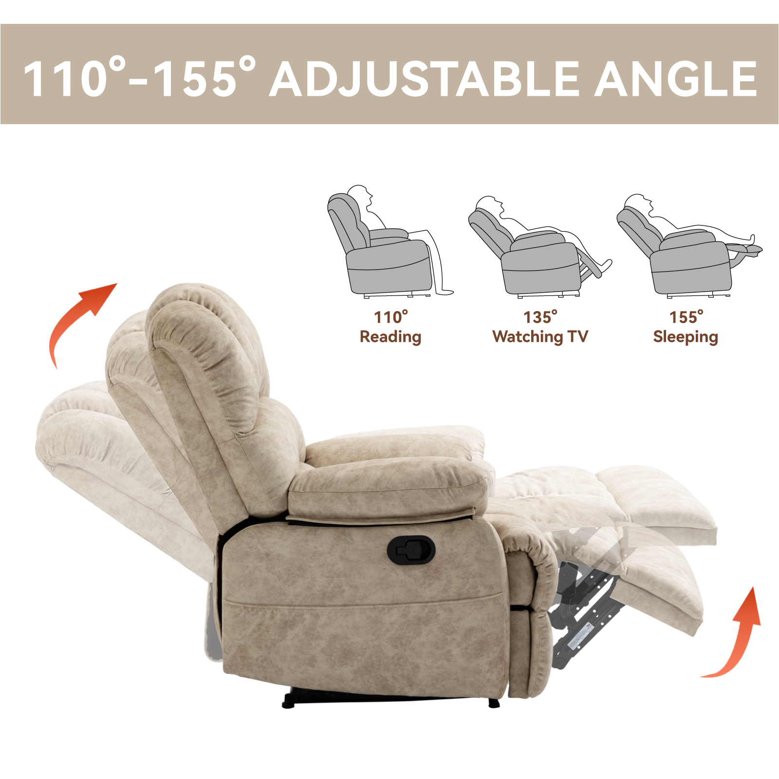 Large Manual Recliner Chair in Fabric for Living Room, Beige