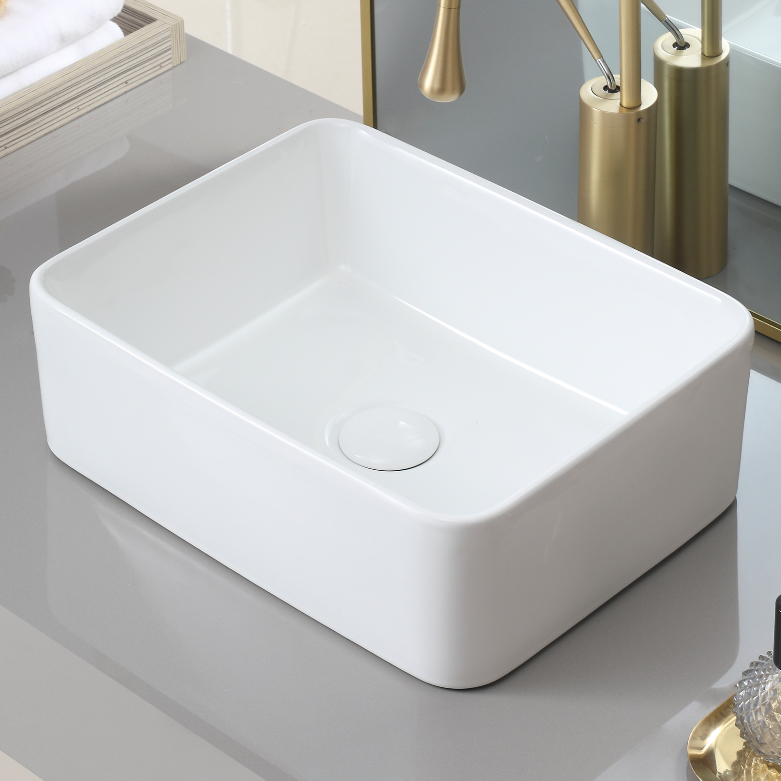 Vessel Bathroom Sink Basin in White Ceramic Single Basin Ceramic Farmhouse Kitchen Sink with Basket Strainer