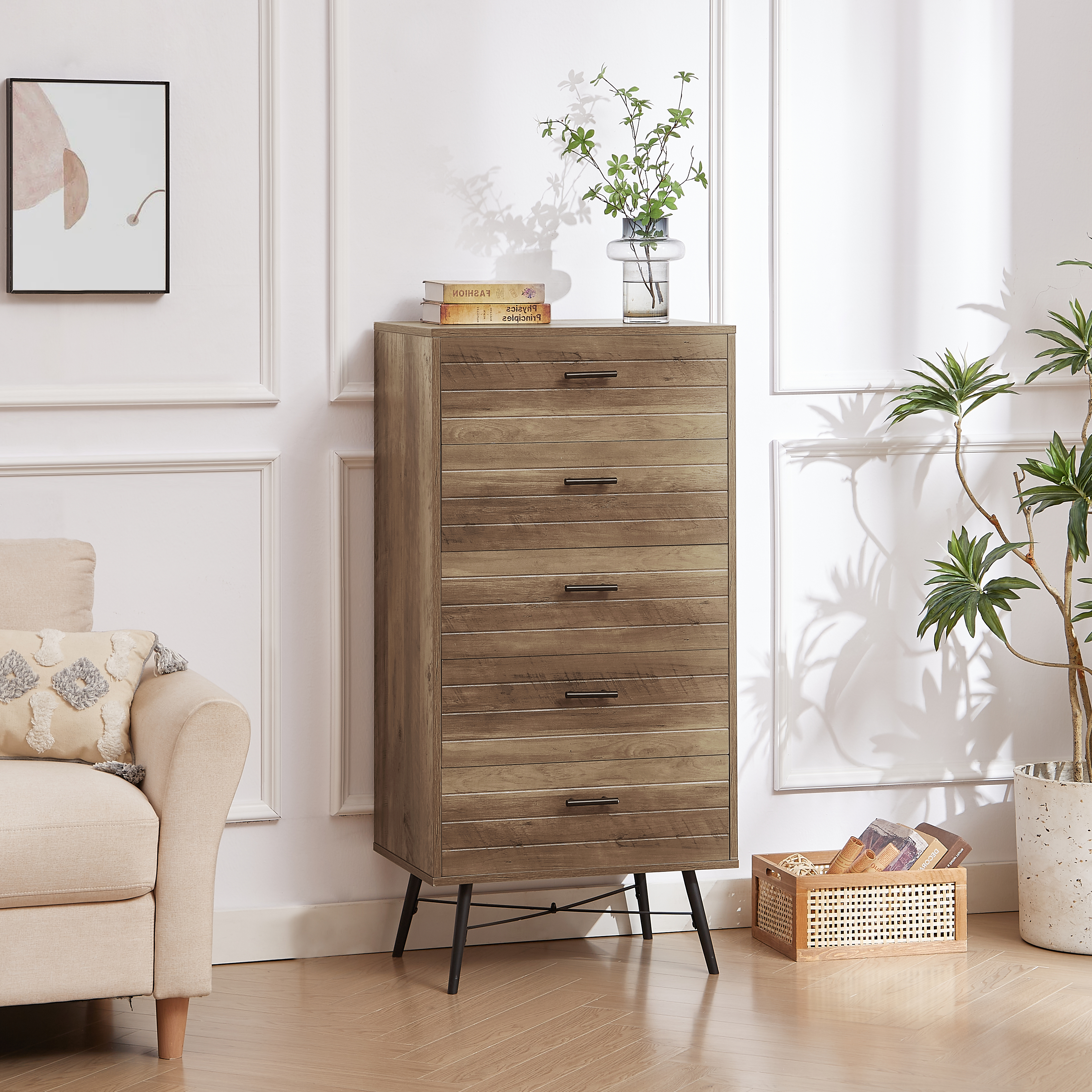 5-Drawer Chest - Spacious and Stylish Chest of Drawers,  Dresser for Bedroom, Closet, Hallway, 23.6"W x 15.7"D x 48"H, Rustic Walnut