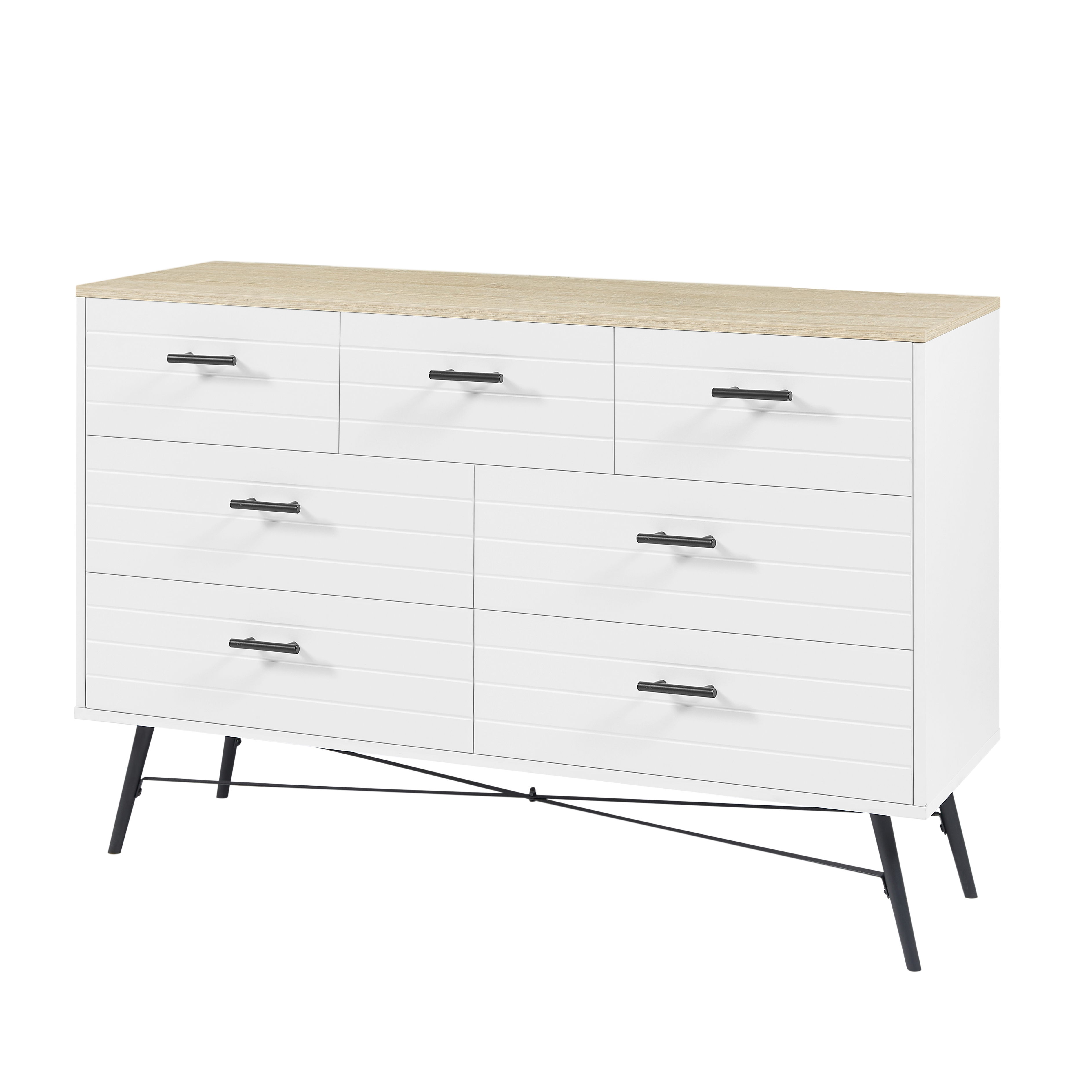 7 Drawer Dresser for Bedroom with Deep Drawers, Wood Dressers & Chest of Drawers, Modern White Long Dressers for Closet Living Room, 47.2"W x 15.7"D x 31.5"H, White & oak