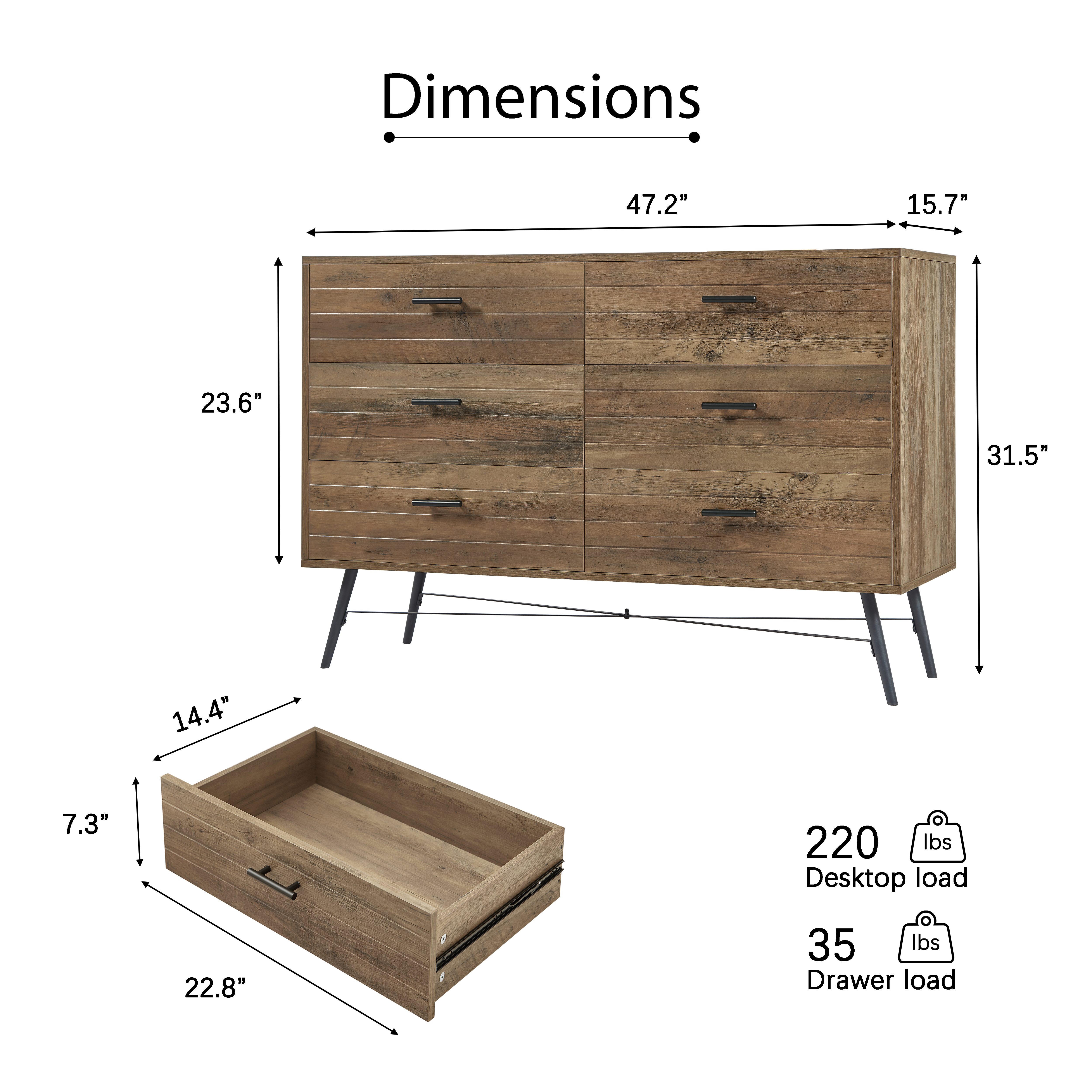 6-Drawer Chest, 6 Drawer Dresser TV Stand for TV, Dressers Bedroom Furniture Large Storage Tower Unit, Dresser for Bedroom, Closet, Hallway, 47.2"W x 15.7"D x 31.5"H, Rustic Walnut