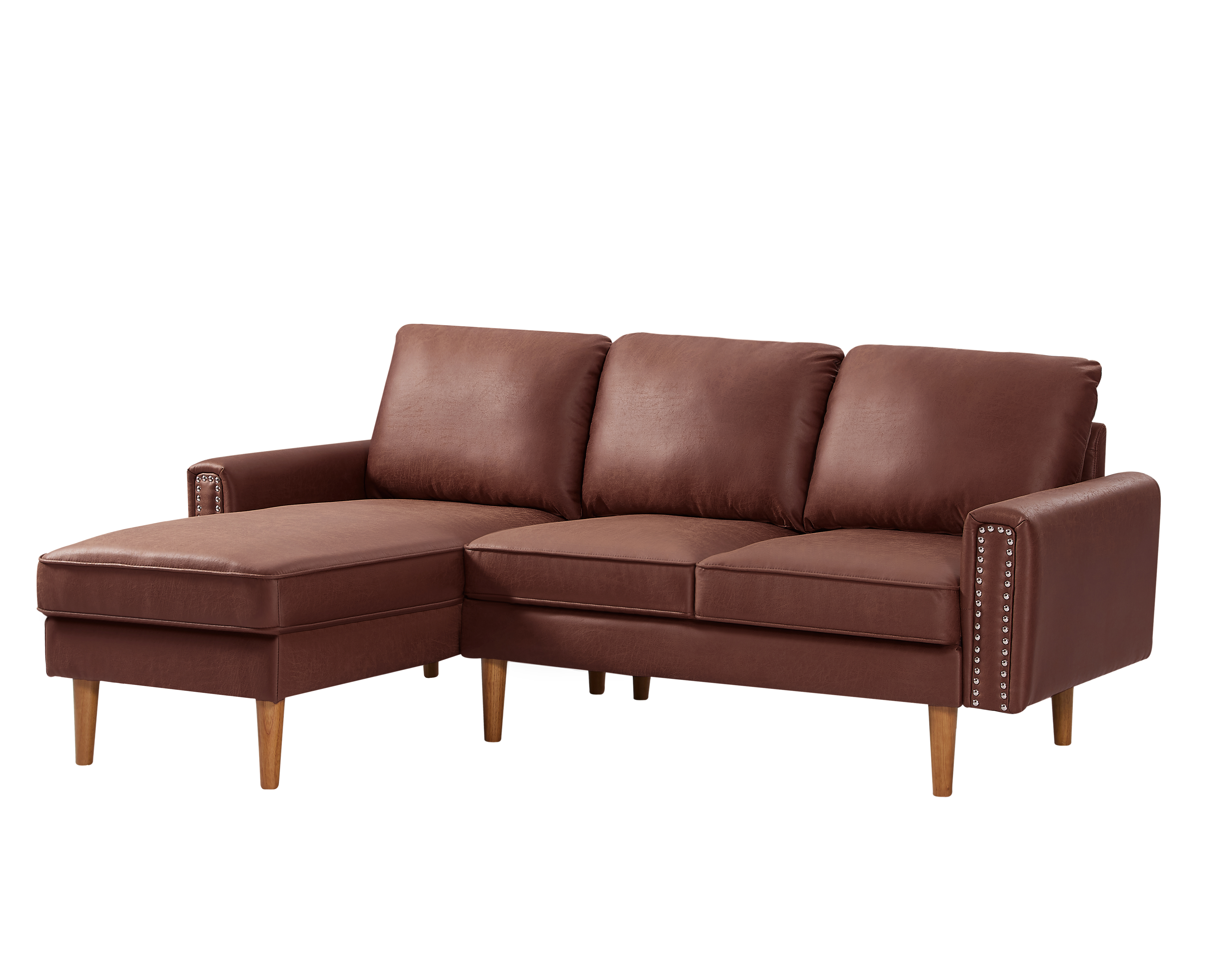 82.2"L-Shape Sofa Couch with Chais Mid-Century Copper Nail on Arms,strong wooden leg and suede fabric design that will complement any living space.Left Chaise,Dark Brown