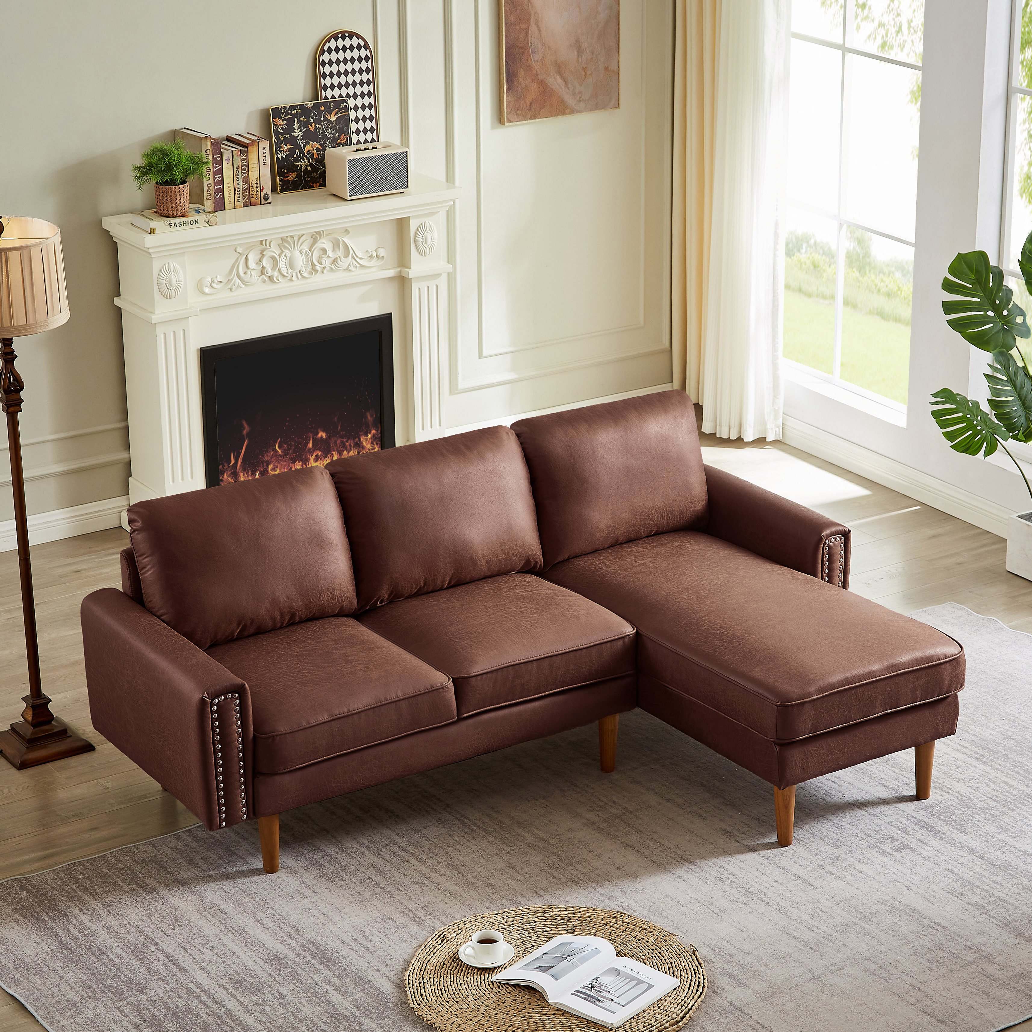 82.2"L-Shape Sofa Couch with Chais Mid-Century Copper Nail on Arms,strong wooden leg and suede fabric design that will complement any living space.Right Chaise,Dark Brown