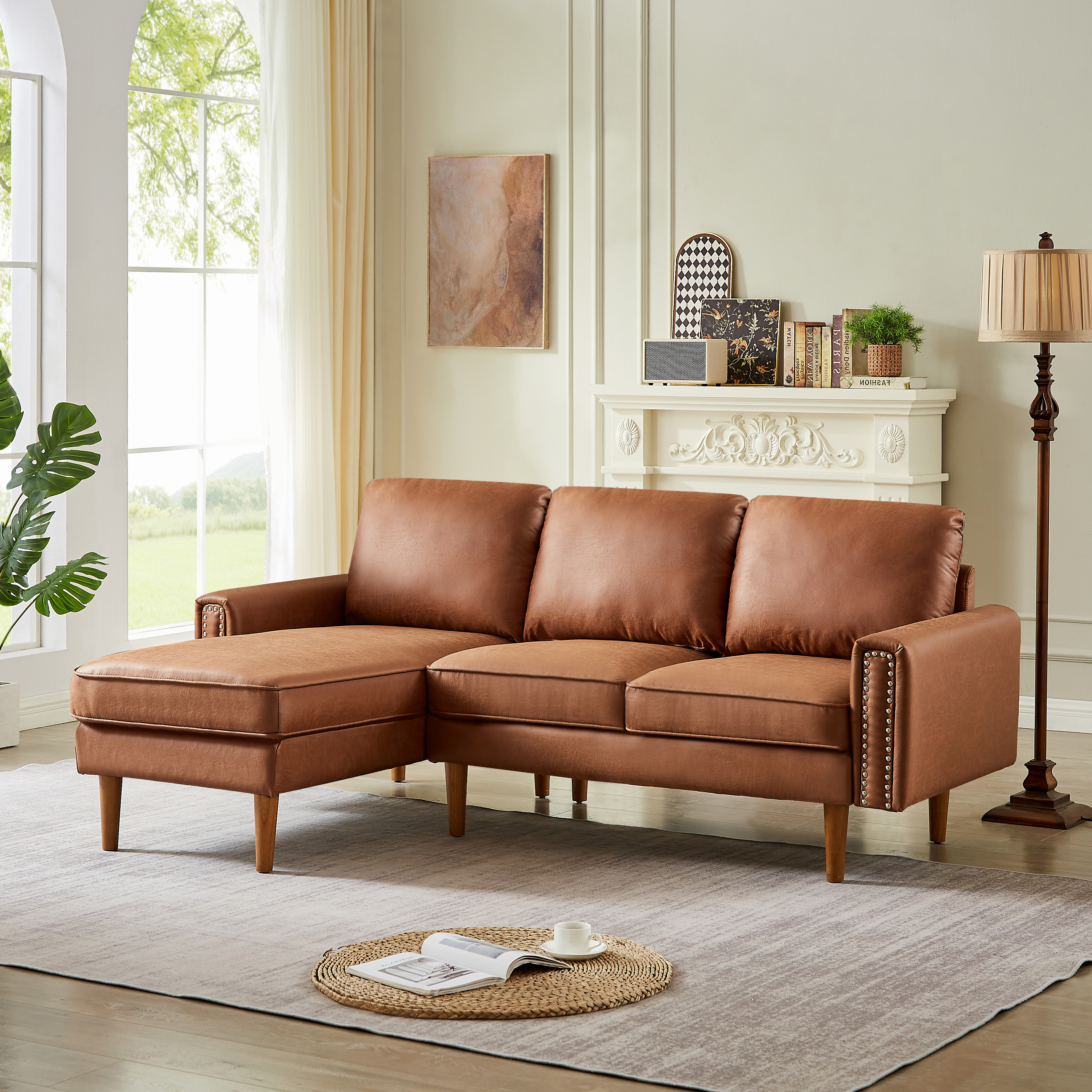 82.2"L-Shape Sofa Couch with Chais Mid-Century Copper Nail on Arms,strong wooden leg and suede fabric design that will complement any living space.Left Chaise, Brown