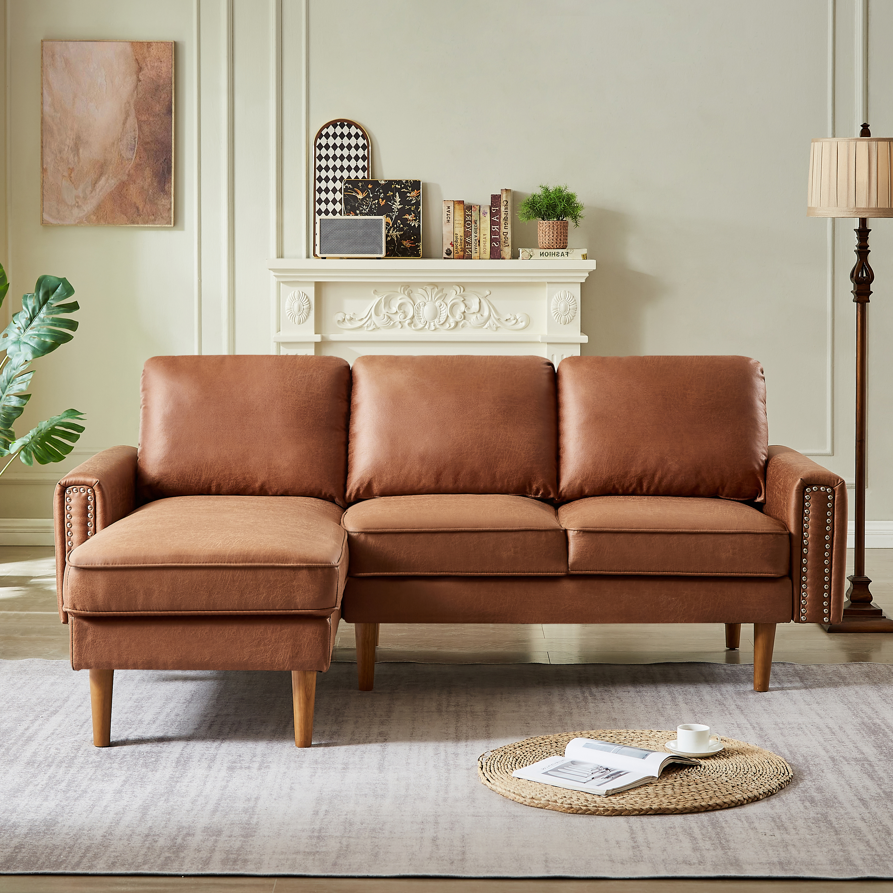 82.2"L-Shape Sofa Couch with Chais Mid-Century Copper Nail on Arms,strong wooden leg and suede fabric design that will complement any living space.Left Chaise, Brown