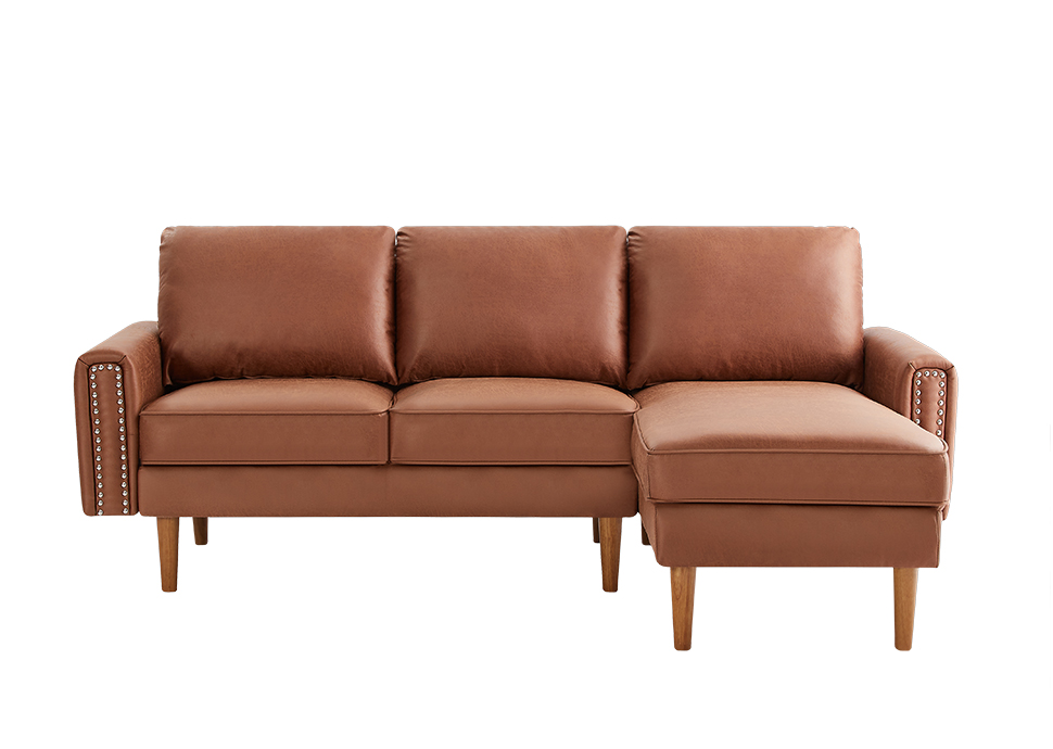 82.2"L-Shape Sofa Couch with Chais Mid-Century Copper Nail on Arms,strong wooden leg and suede fabric design that will complement any living space.Right Chaise, Brown