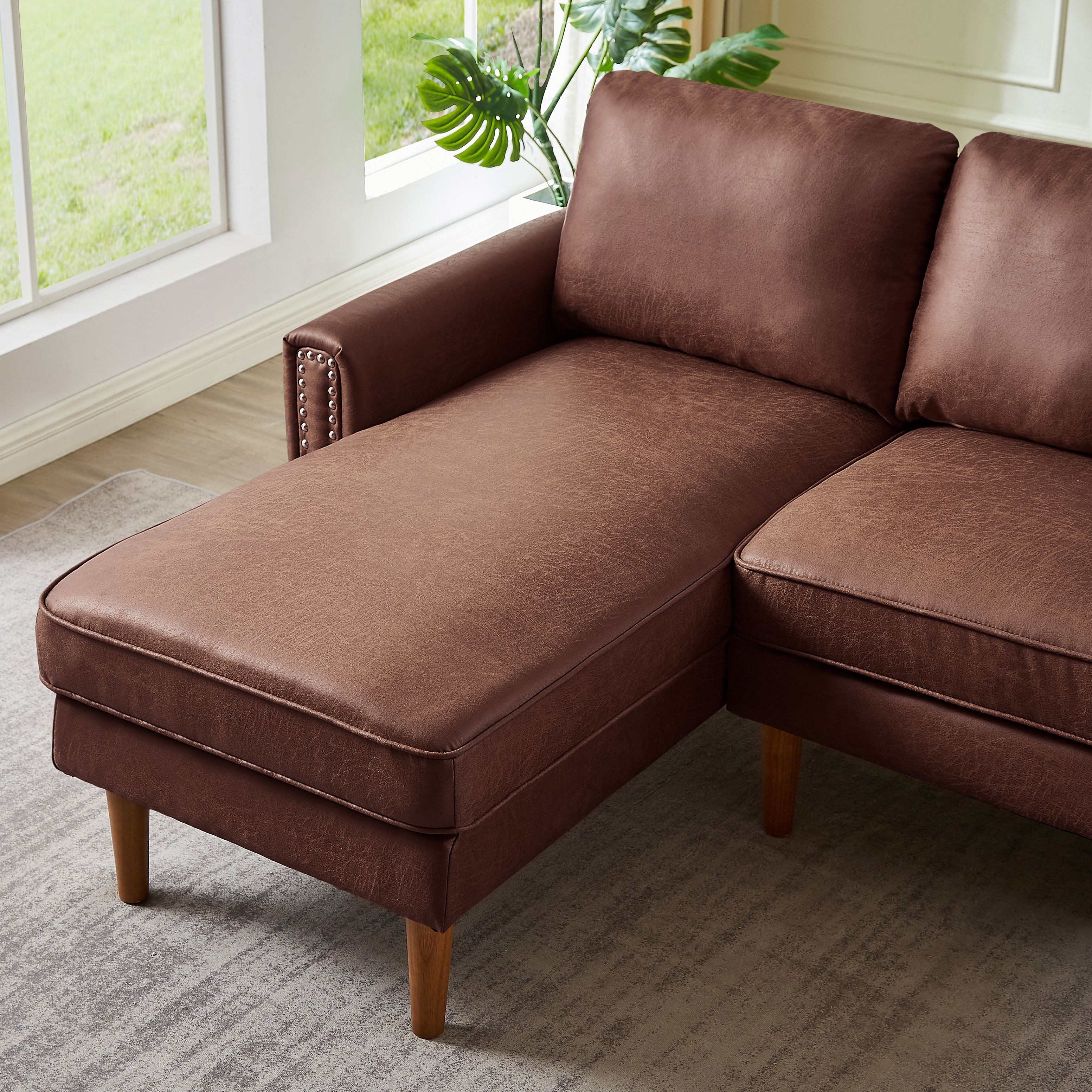 82.2"L-Shape Sofa Couch with Chais Mid-Century Copper Nail on Arms,strong wooden leg and suede fabric design that will complement any living space.Left Chaise,Dark Brown