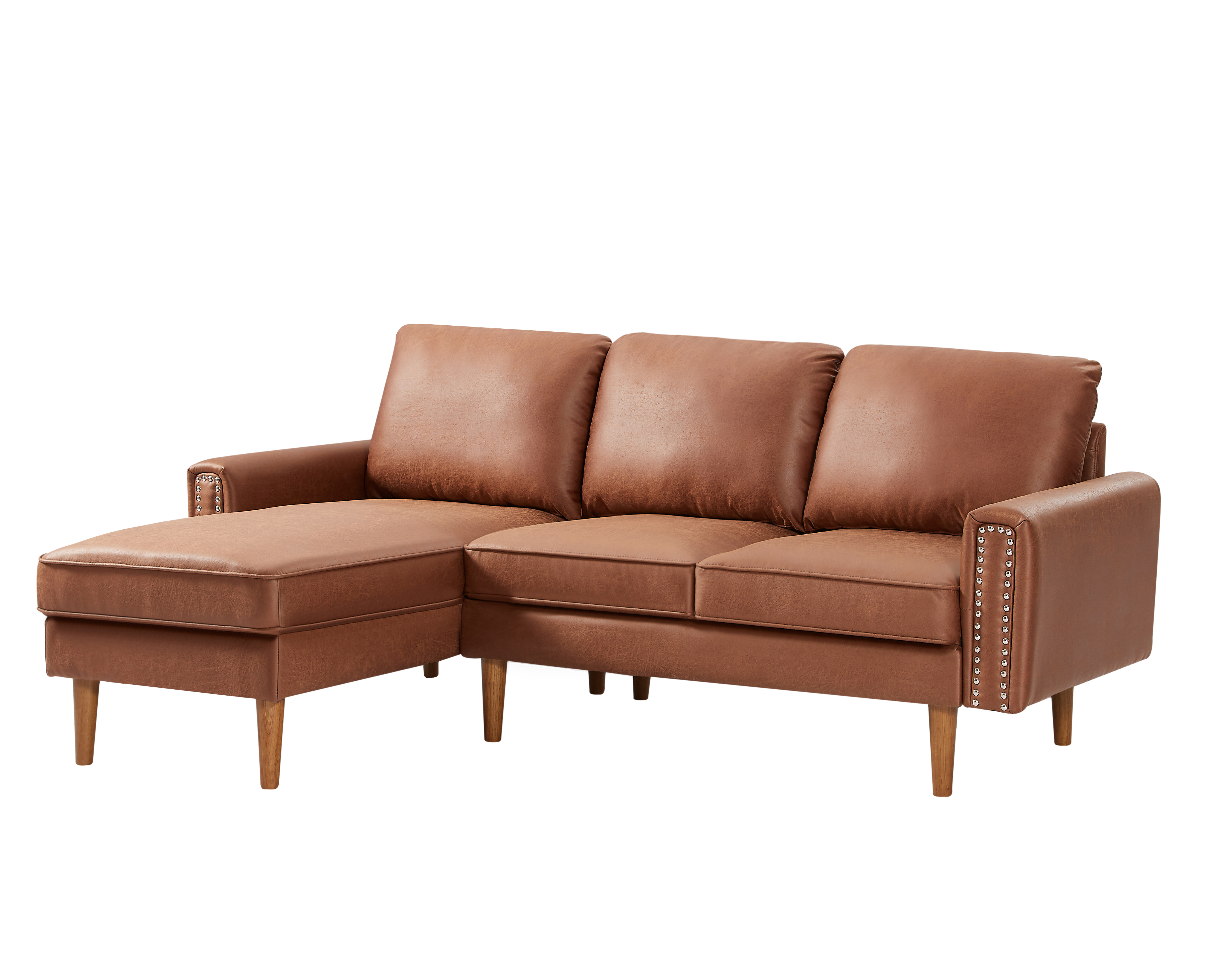 82.2"L-Shape Sofa Couch with Chais Mid-Century Copper Nail on Arms,strong wooden leg and suede fabric design that will complement any living space.Left Chaise, Brown