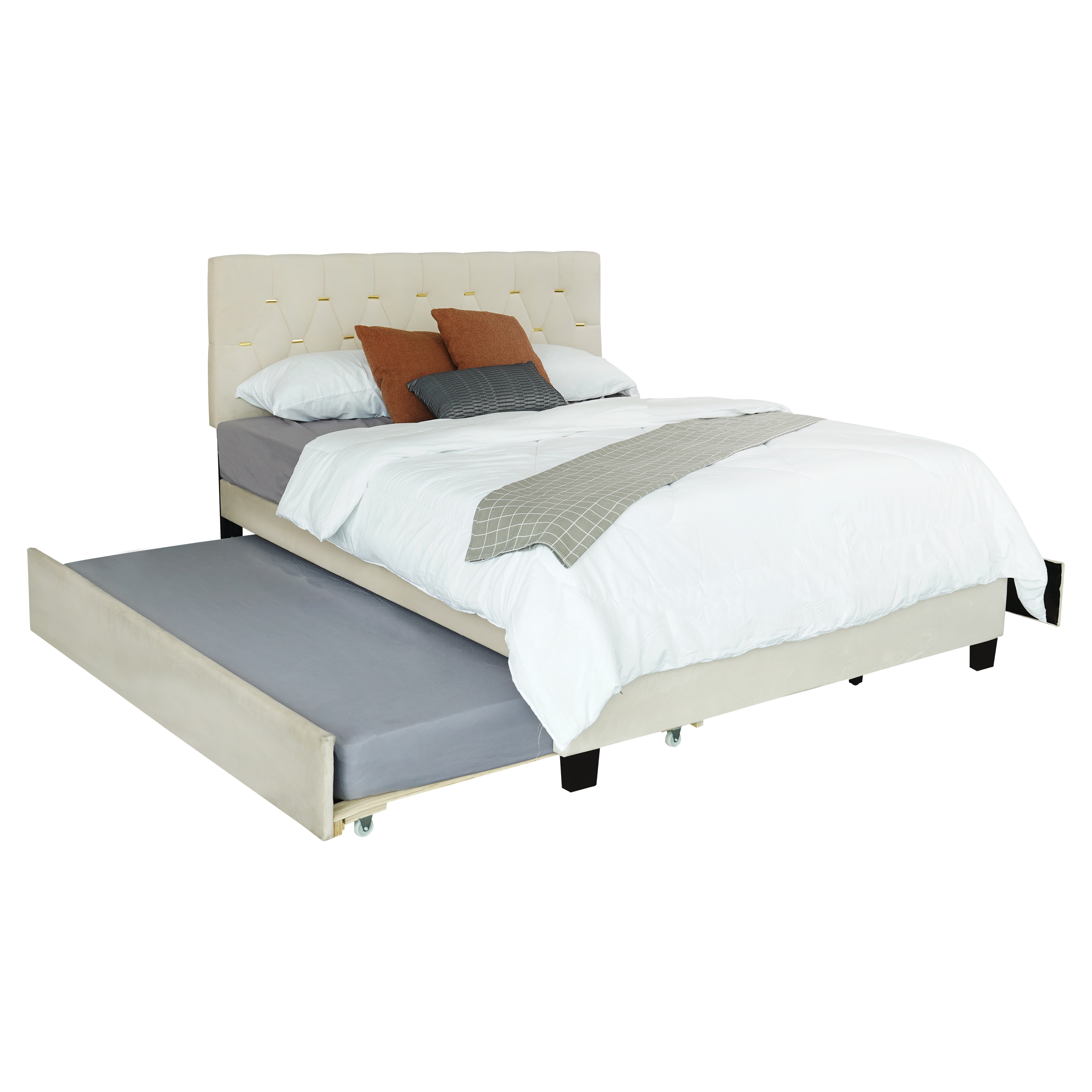 BEIGE QUEEN SIZE TRUNDLE PULL OUT DRAWERS STORAGE UPHOLSTERED BED MODERN DESIGN NO BOX SPRING REQUIRED