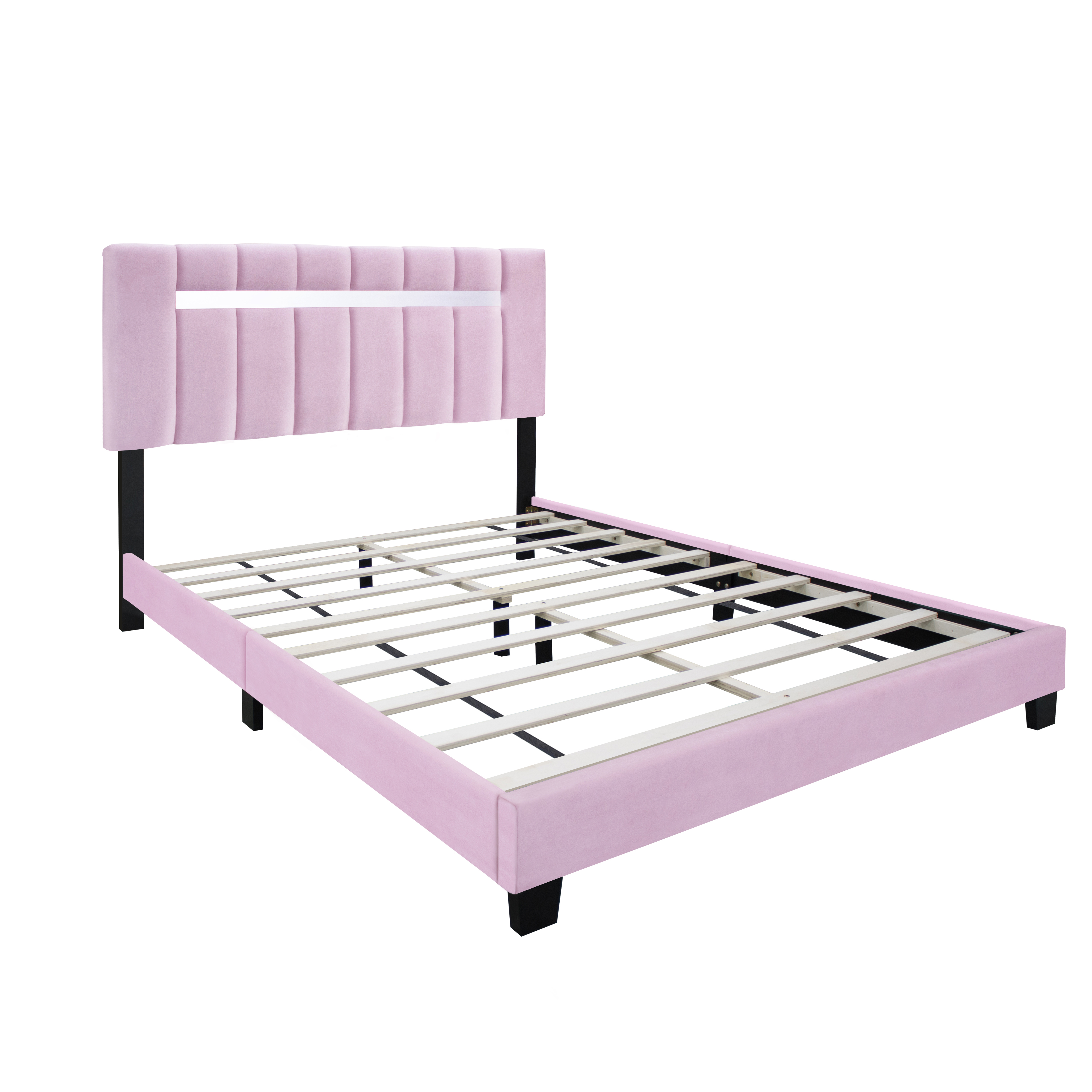 Pink Velvet Upholstered Bed Frame with Adjustable Features, Teenage Girl's Favorite Pink Collection.