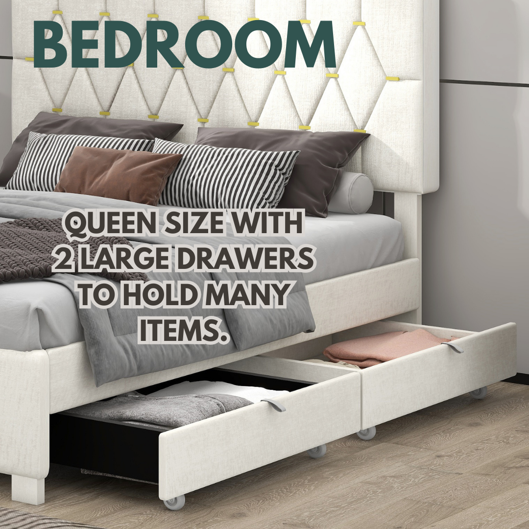 BEIGE QUEEN SIZE TRUNDLE PULL OUT DRAWERS STORAGE UPHOLSTERED BED MODERN DESIGN NO BOX SPRING REQUIRED