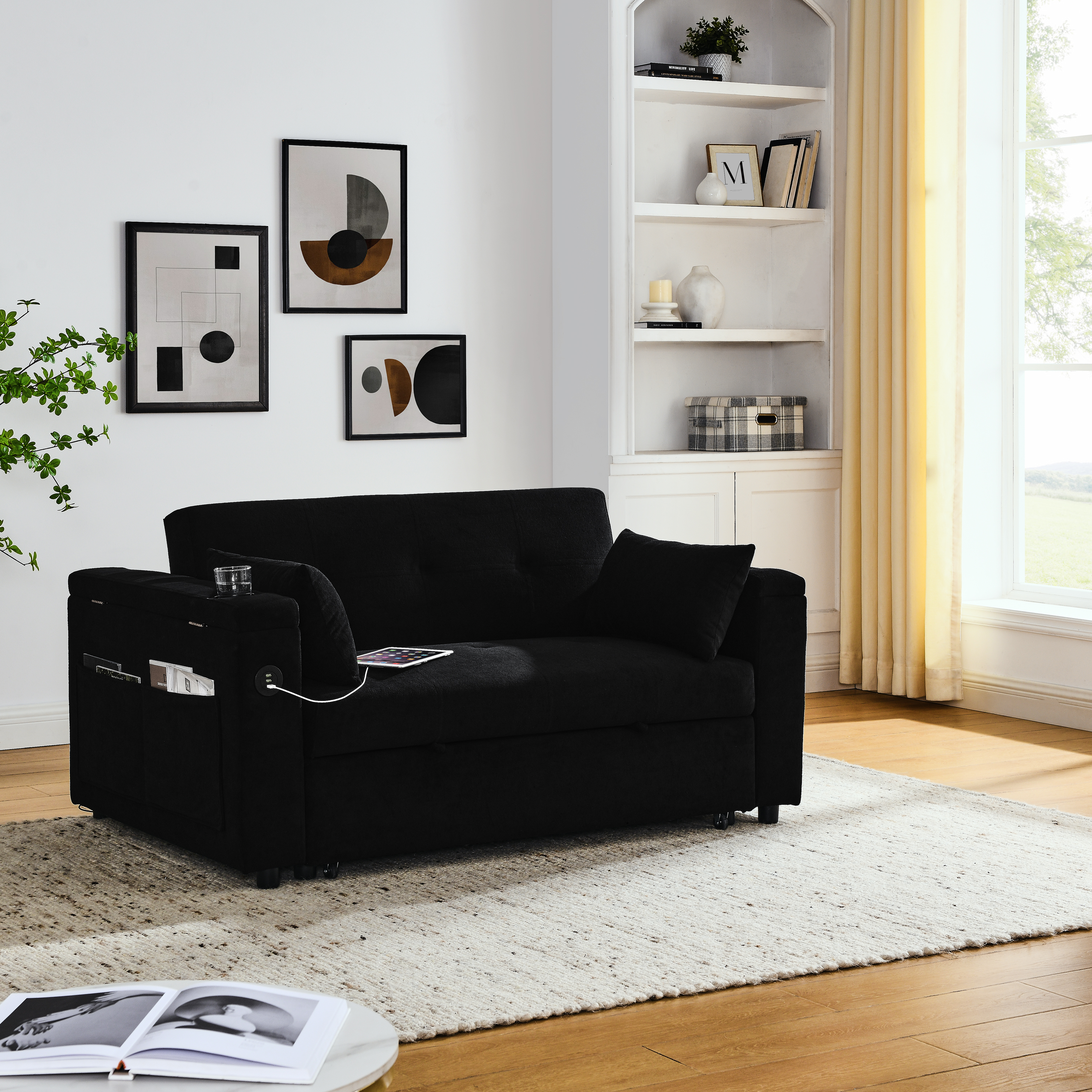 54" Pull-Out Sleeper Sofa Bed Double Seat Recliner Sofa Bed with Armrests with Storage and Side Pockets, Adjustable Backrest and Lumbar Pillow for Apartments, Living Rooms, etc. with USB Power Outlet