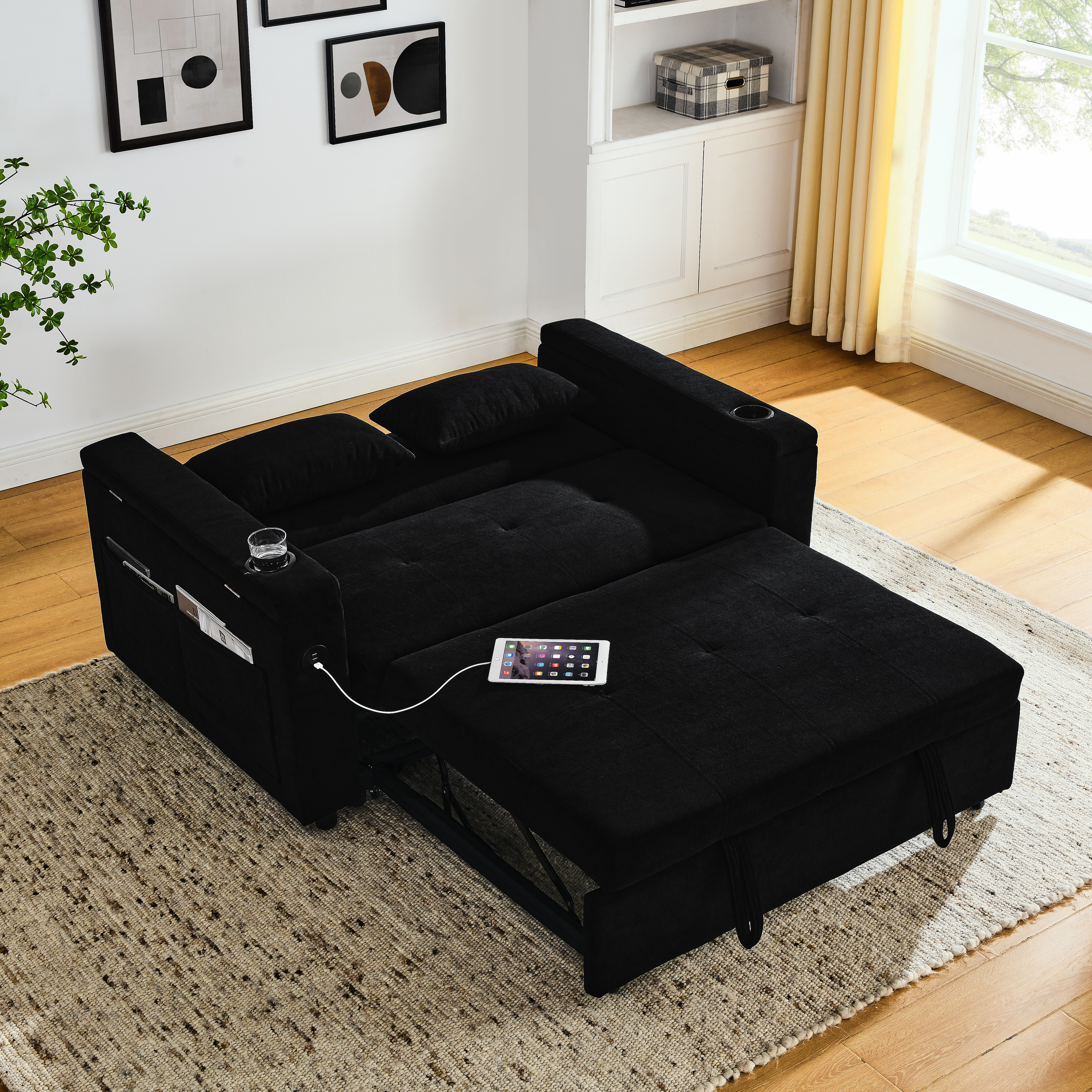 54" Pull-Out Sleeper Sofa Bed Double Seat Recliner Sofa Bed with Armrests with Storage and Side Pockets, Adjustable Backrest and Lumbar Pillow for Apartments, Living Rooms, etc. with USB Power Outlet