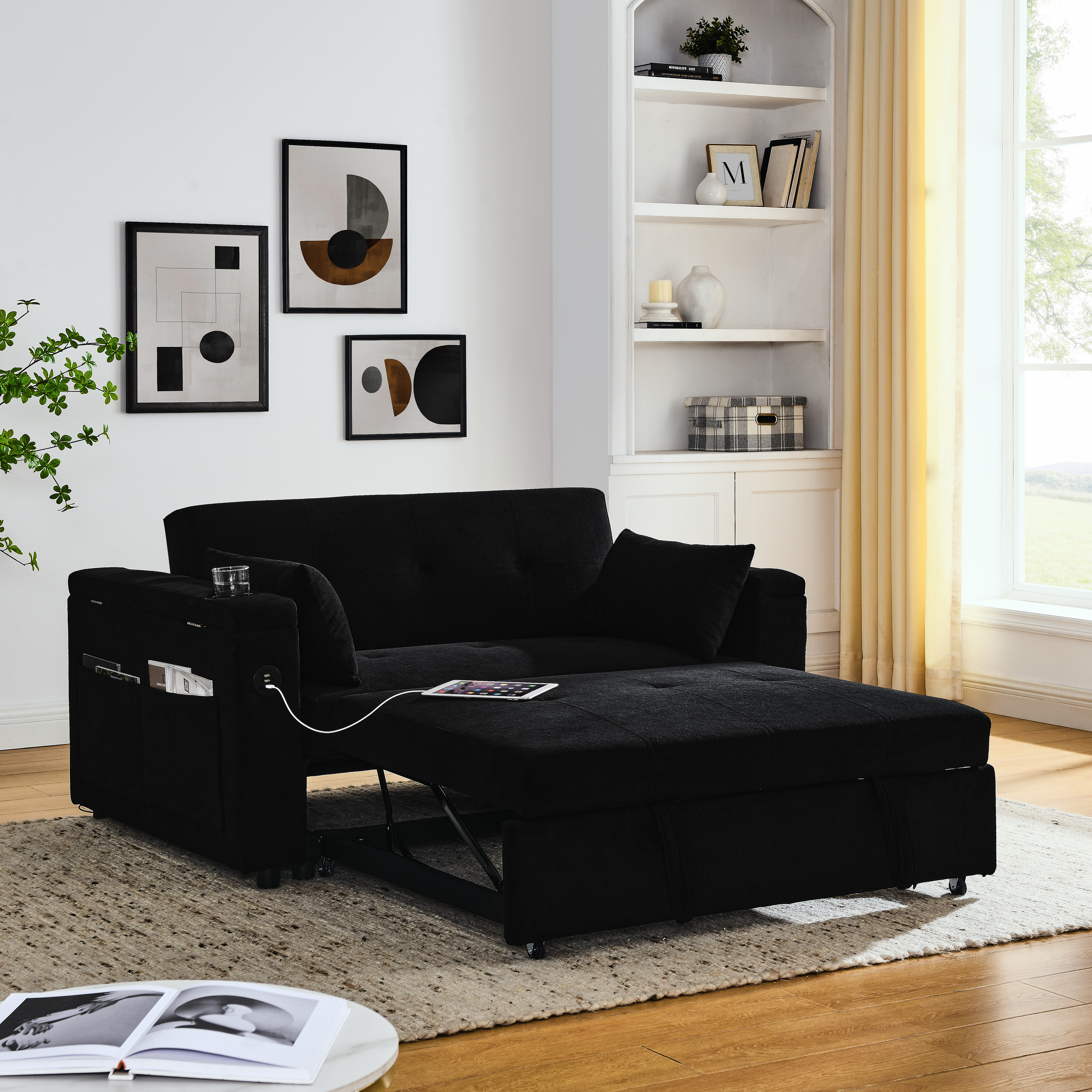 54" Pull-Out Sleeper Sofa Bed Double Seat Recliner Sofa Bed with Armrests with Storage and Side Pockets, Adjustable Backrest and Lumbar Pillow for Apartments, Living Rooms, etc. with USB Power Outlet