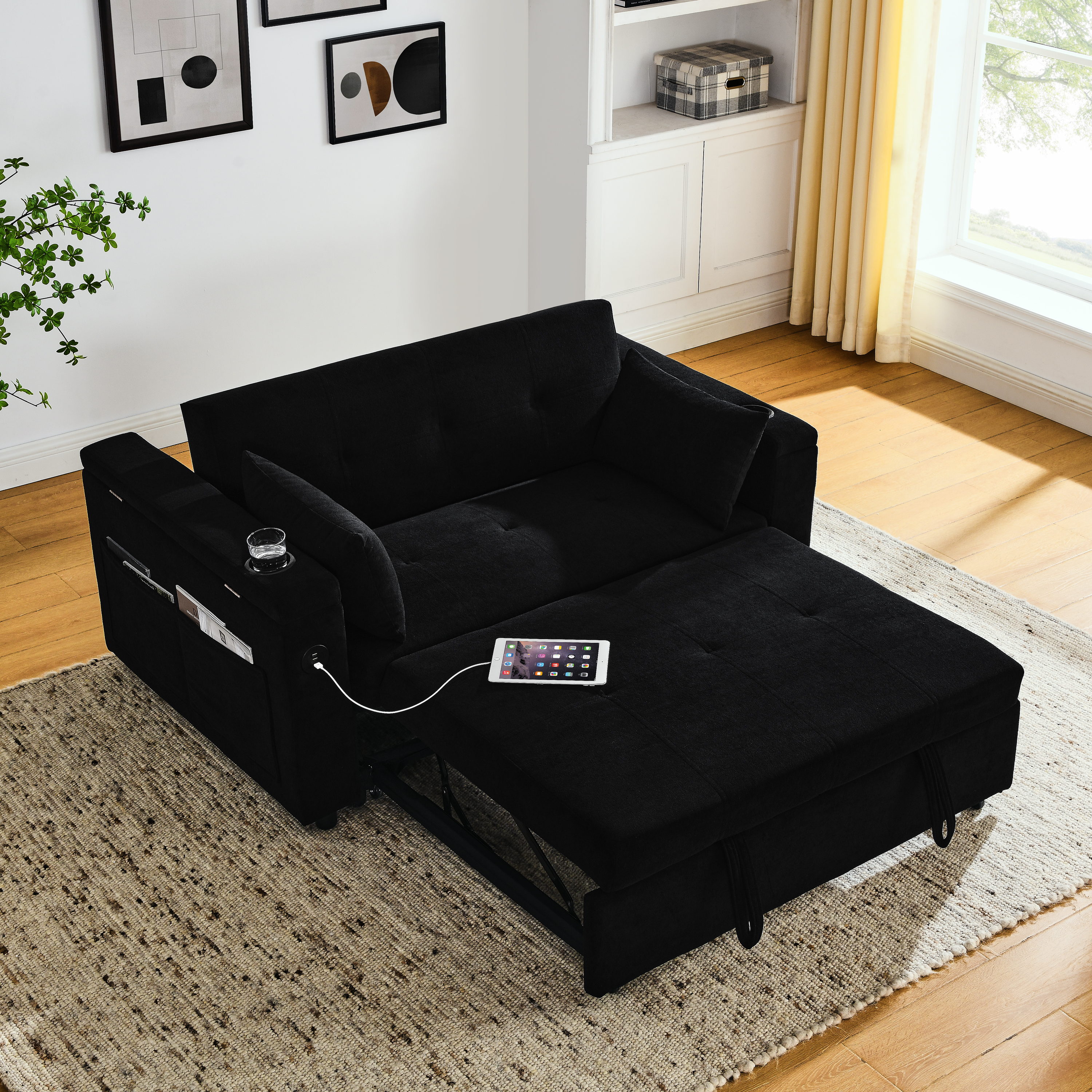 54" Pull-Out Sleeper Sofa Bed Double Seat Recliner Sofa Bed with Armrests with Storage and Side Pockets, Adjustable Backrest and Lumbar Pillow for Apartments, Living Rooms, etc. with USB Power Outlet