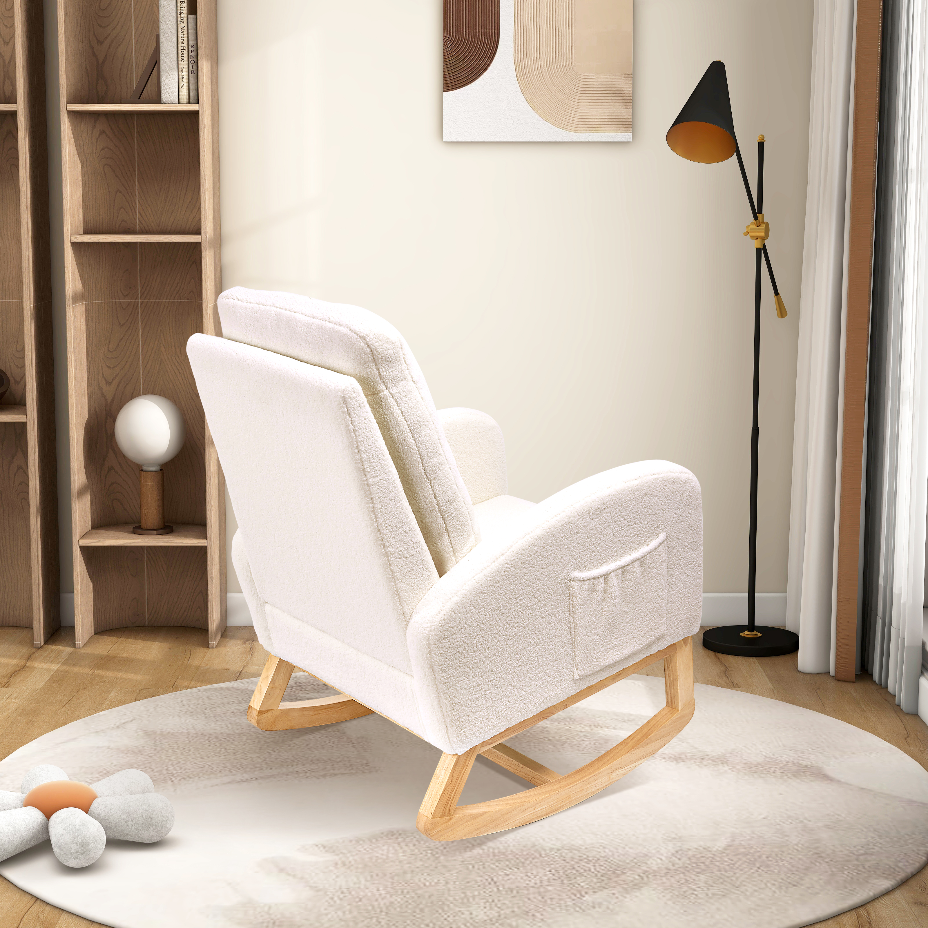 27.2"W Rocking Chair for Nursery, Sherpa Glider Chair with High Back and Side Pocket, Rocking Accent Armchair with Rubber Wood Legs for Living Room/Bedroom.Ivory