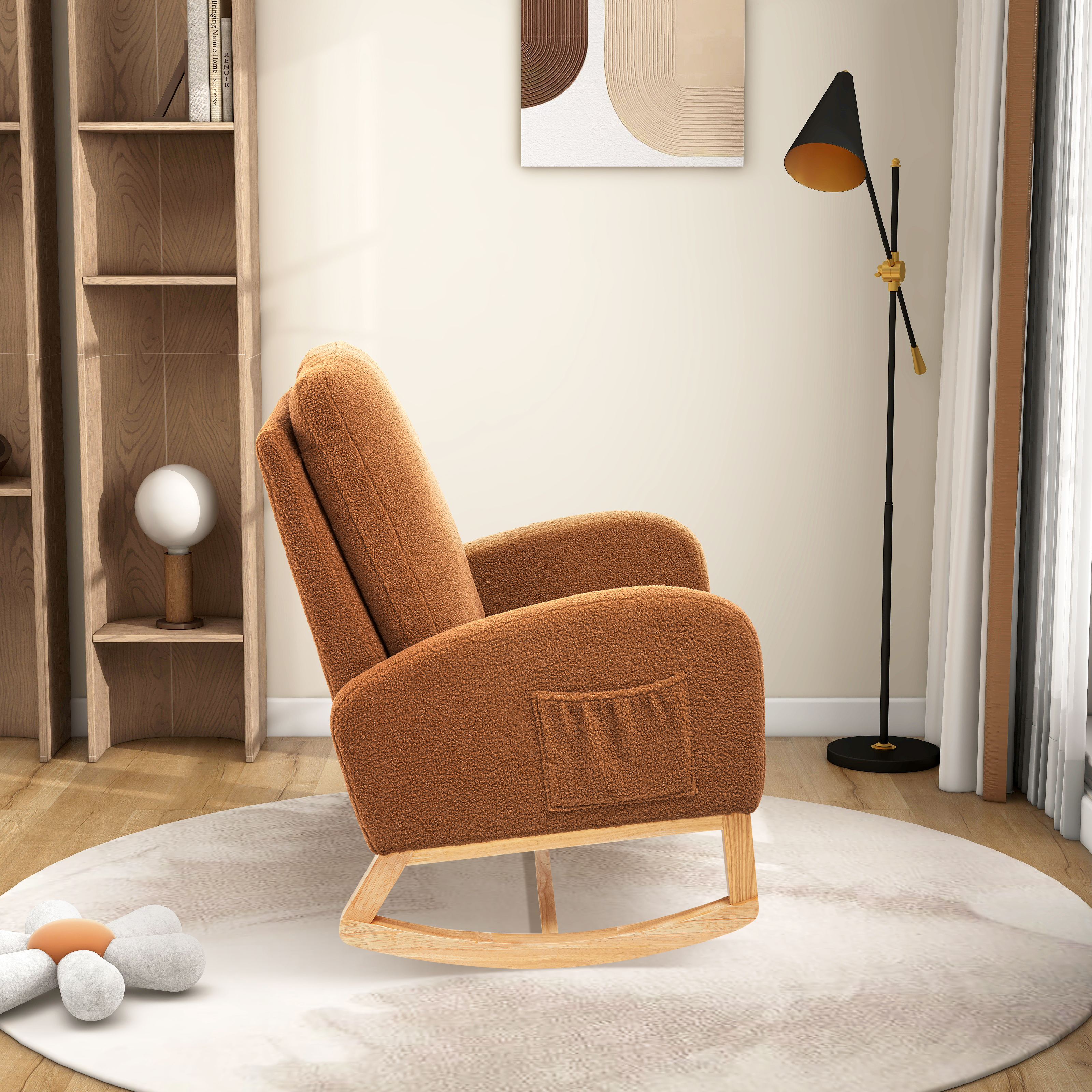 27.2"W Rocking Chair for Nursery, Sherpa Glider Chair with High Back and Side Pocket, Rocking Accent Armchair with Rubber Wood Legs for Living Room/Bedroom.Caramel